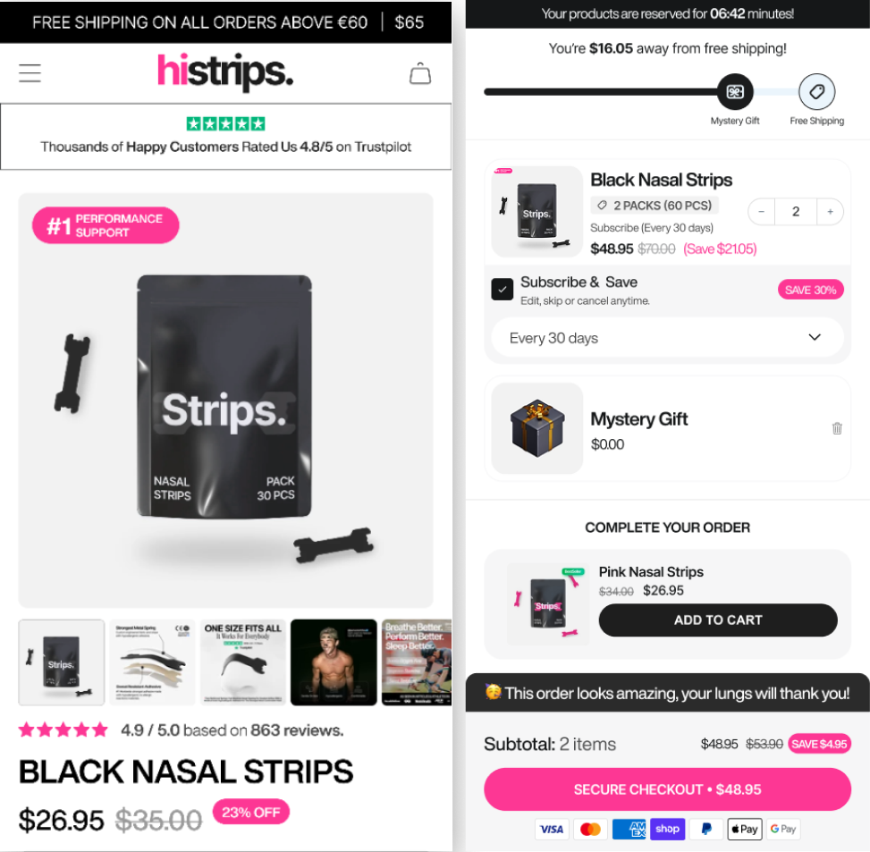 E-commerce page displaying black nasal strips with pricing and subscription options.