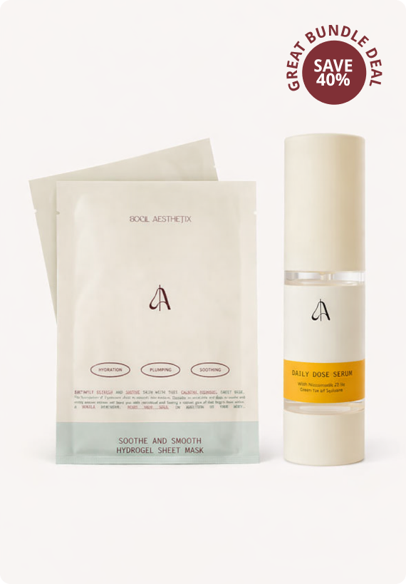 Two skincare products, a hydrogel sheet mask and a daily dose serum, on a white background.