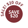 A red promotional graphic that reads 'SALE! $20 OFF' and 'SAVE $20' on a black background.