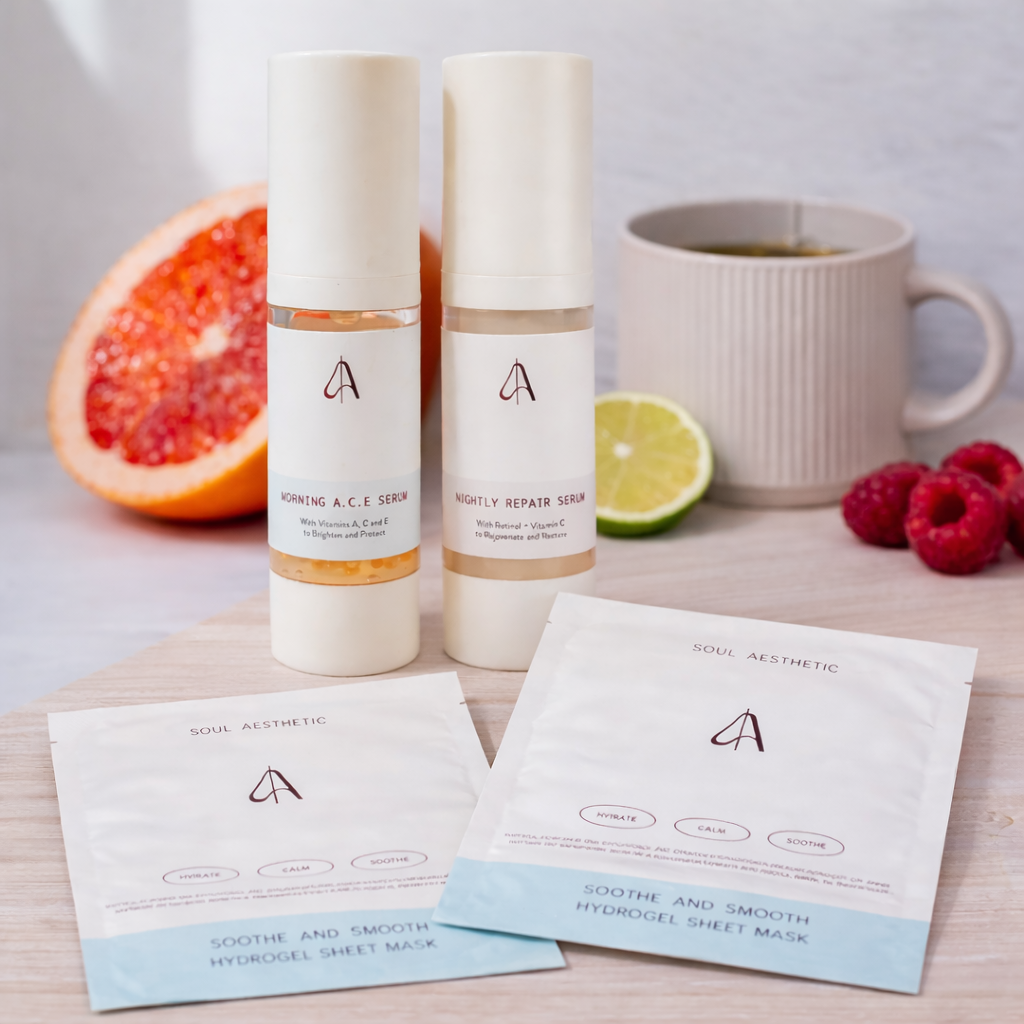 Skincare products, including serums and face masks, arranged on a wooden board with fruit and a mug.