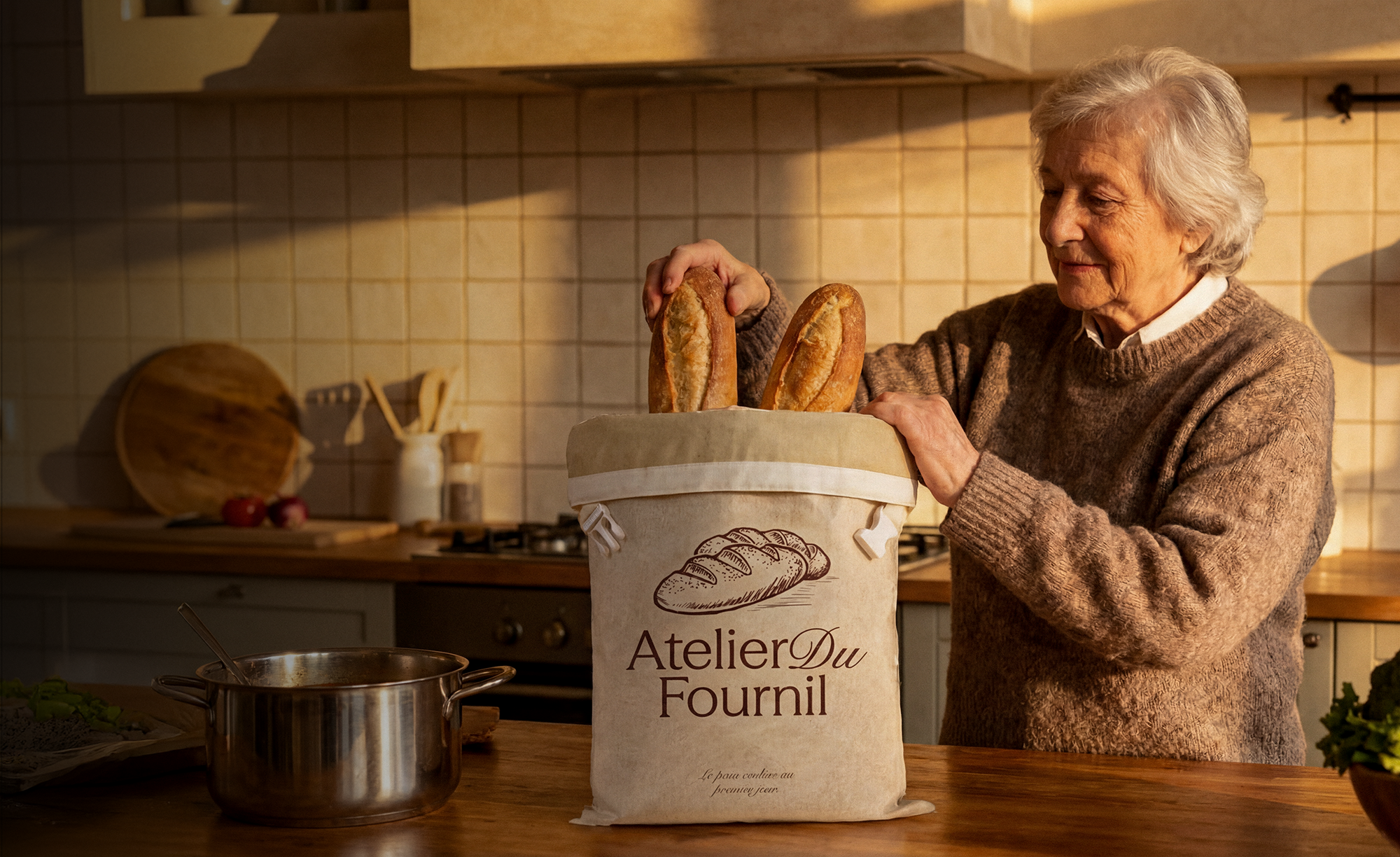 An elderly woman in a sunlit kitchen places two baguettes into a large branded paper bread bag.