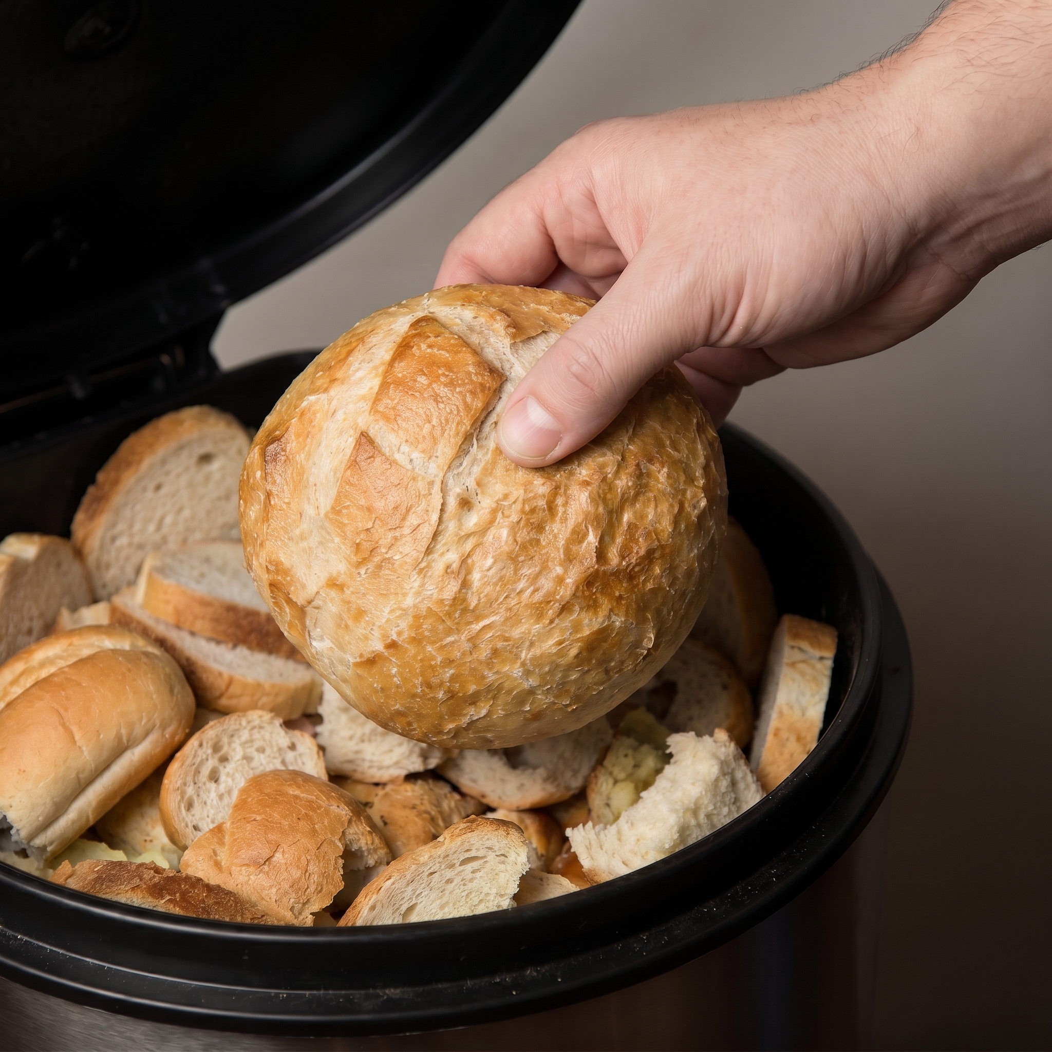 A person's hand throws a loaf of bread into a bin already filled with discarded bread.