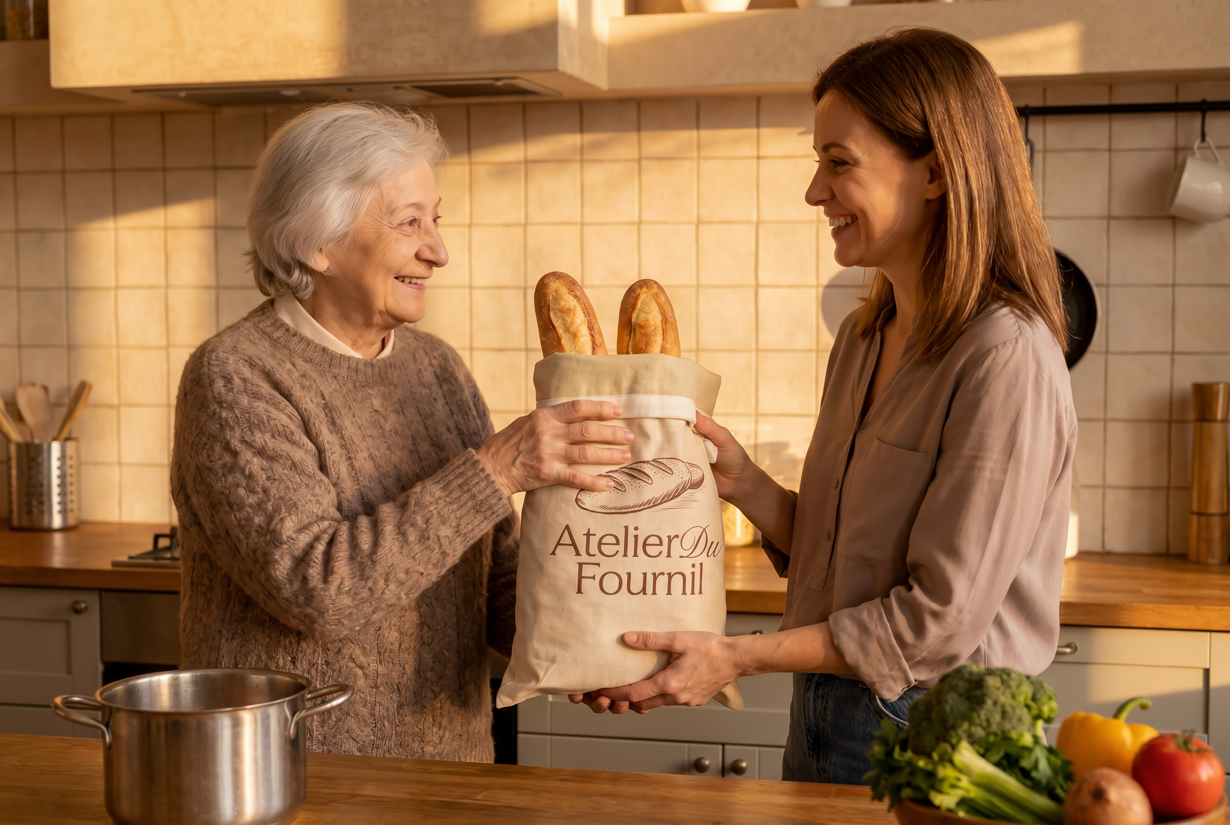 A younger woman hands an older woman a bag containing two baguettes in a kitchen.