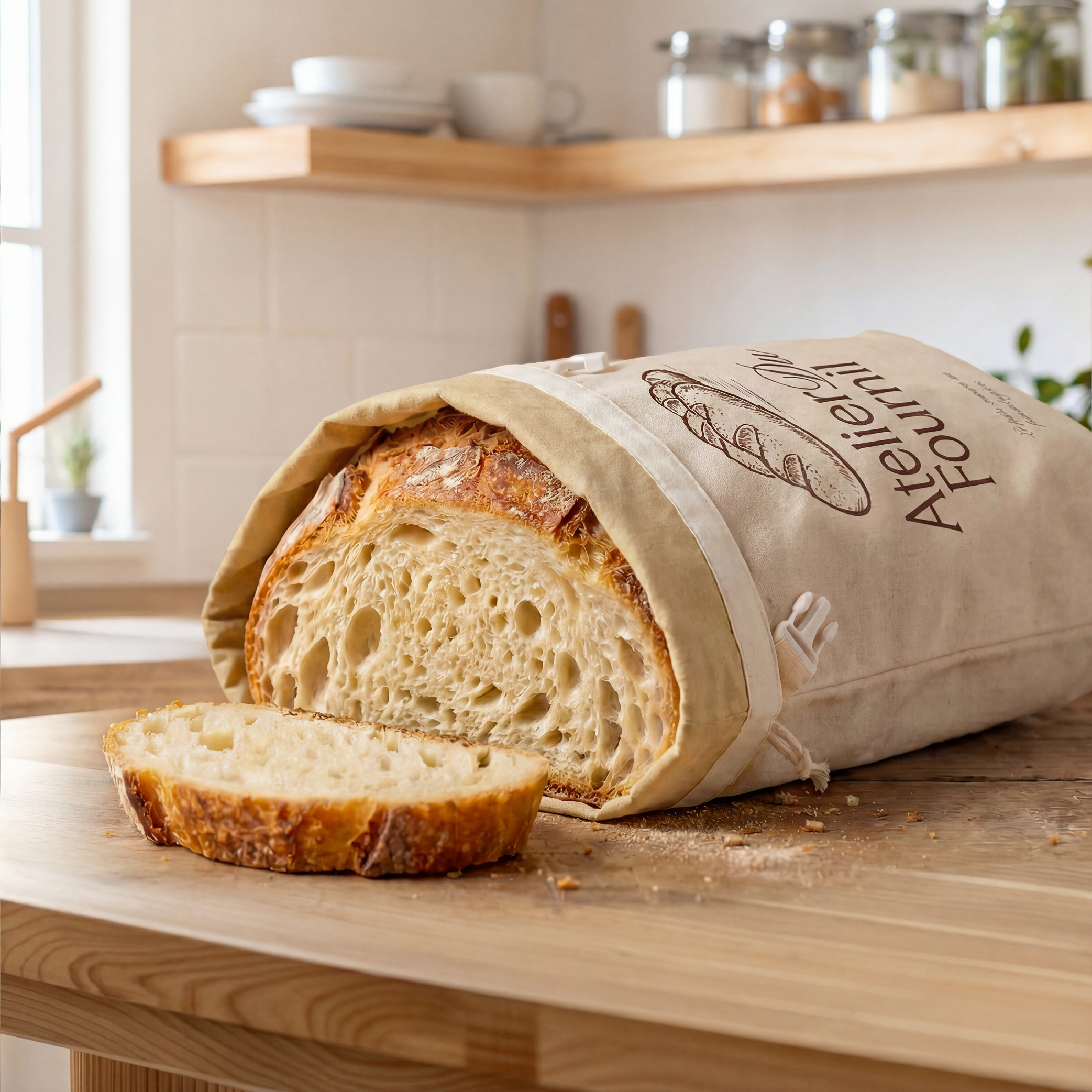 A sliced loaf of crusty bread in a reusable bread bag on a wooden kitchen counter.