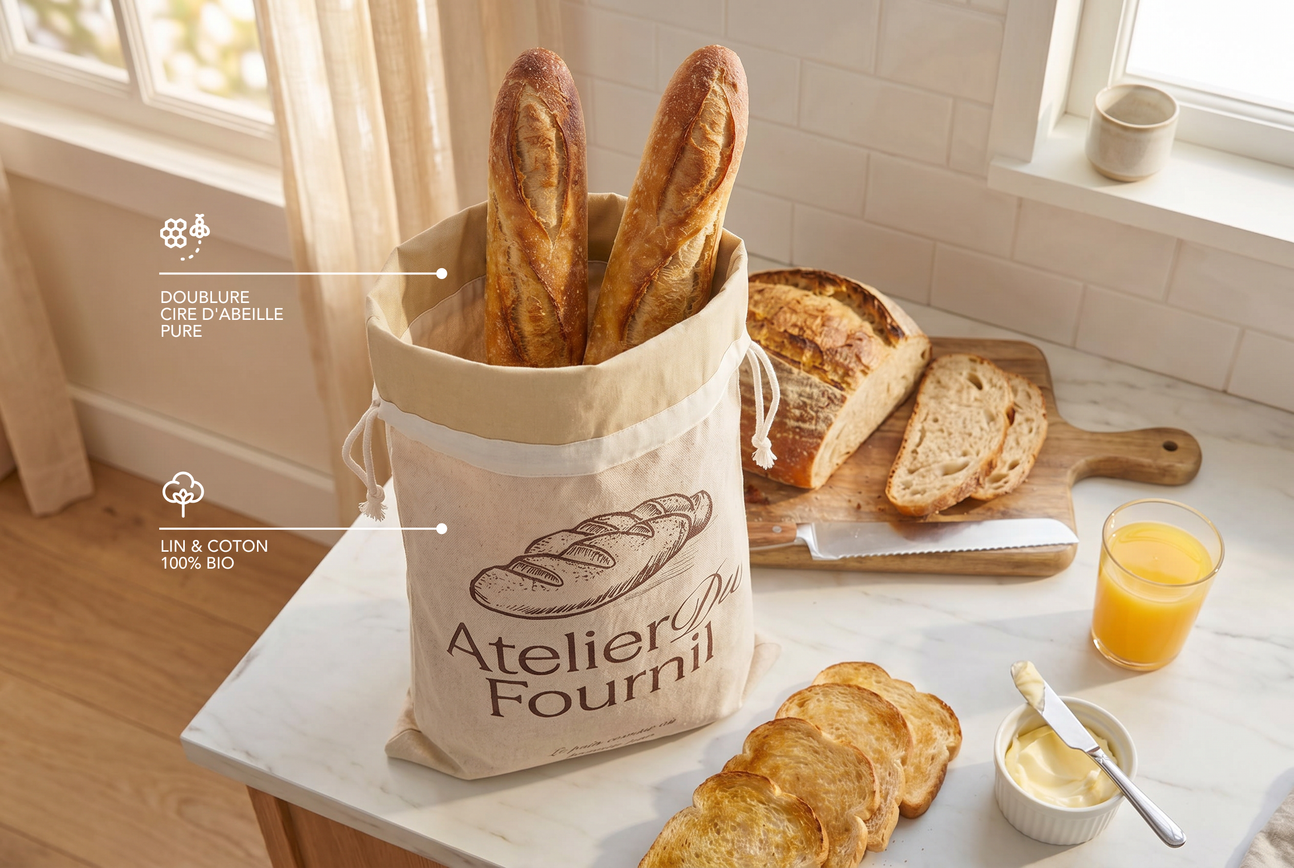 Two baguettes in a canvas bread bag on a kitchen counter with sliced bread, toast, and juice.