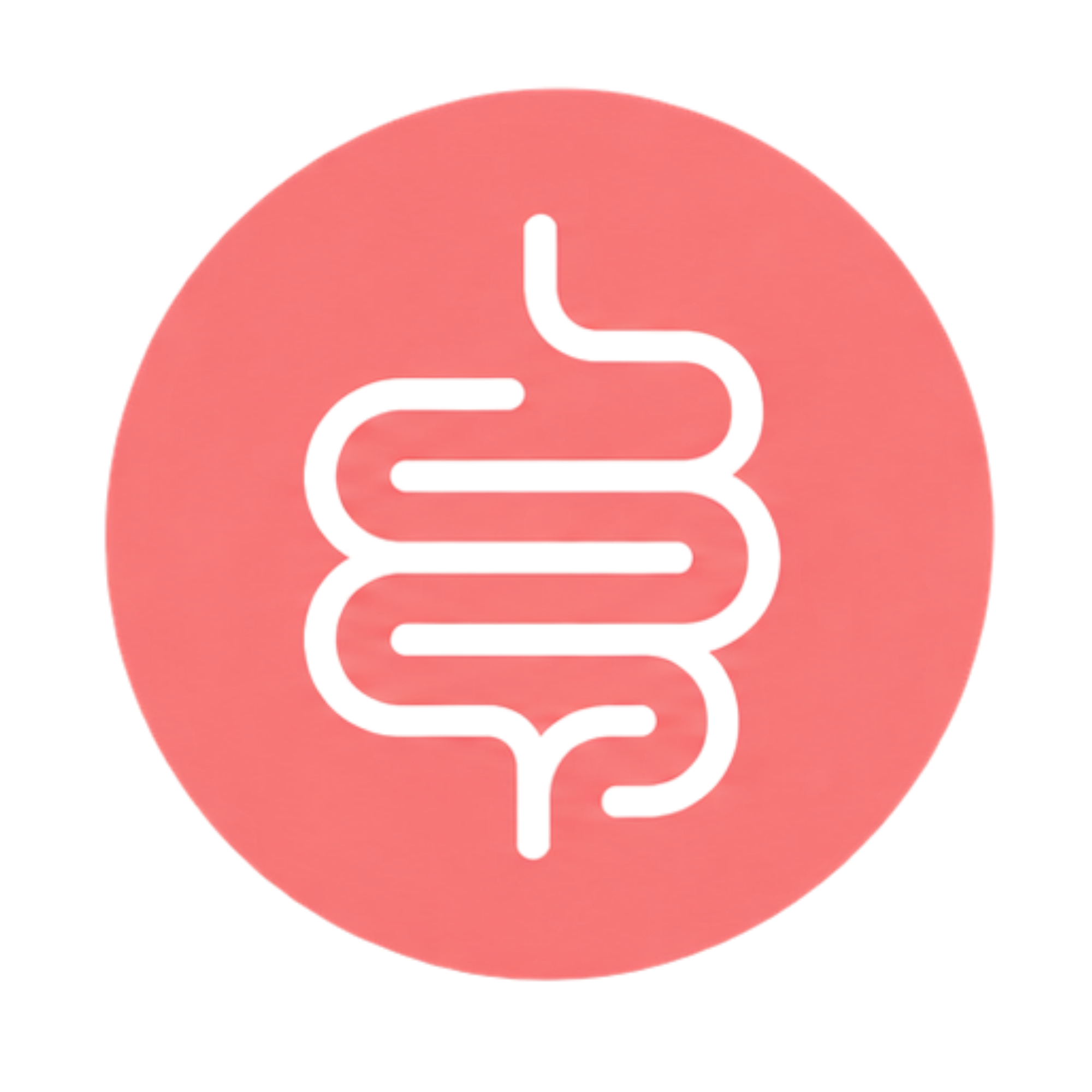 A white line icon of intestines inside a solid pink circle on a white background.
