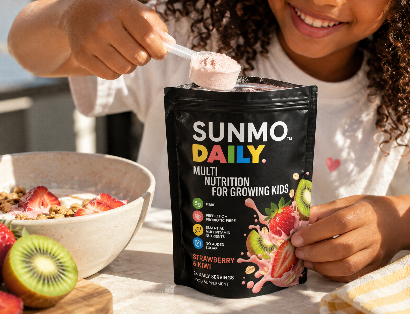 A child scoops pink Sunmo Daily nutrition powder from a pouch next to a bowl of fruit.
