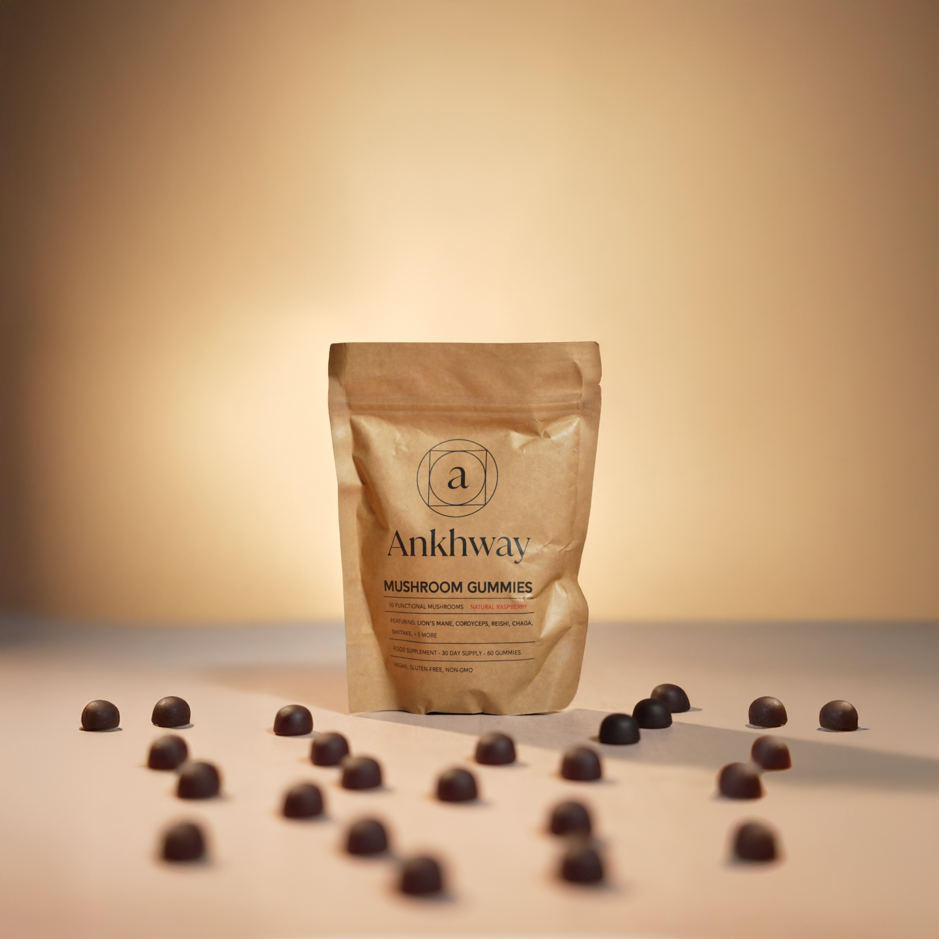 Brown bag of mushroom gummies with scattered gummies on a beige surface.