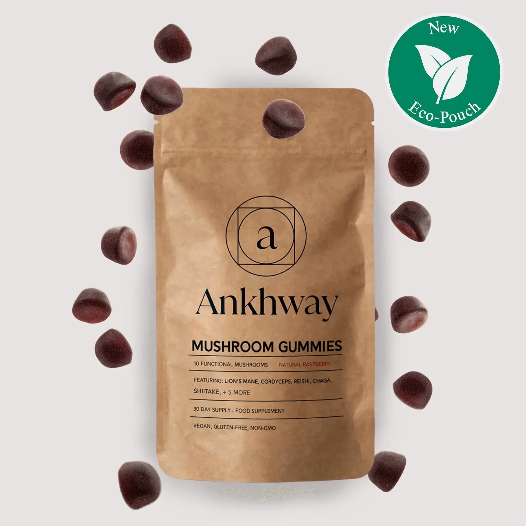 Brown pouch of mushroom gummies with scattered dark red gummies and eco-friendly label.