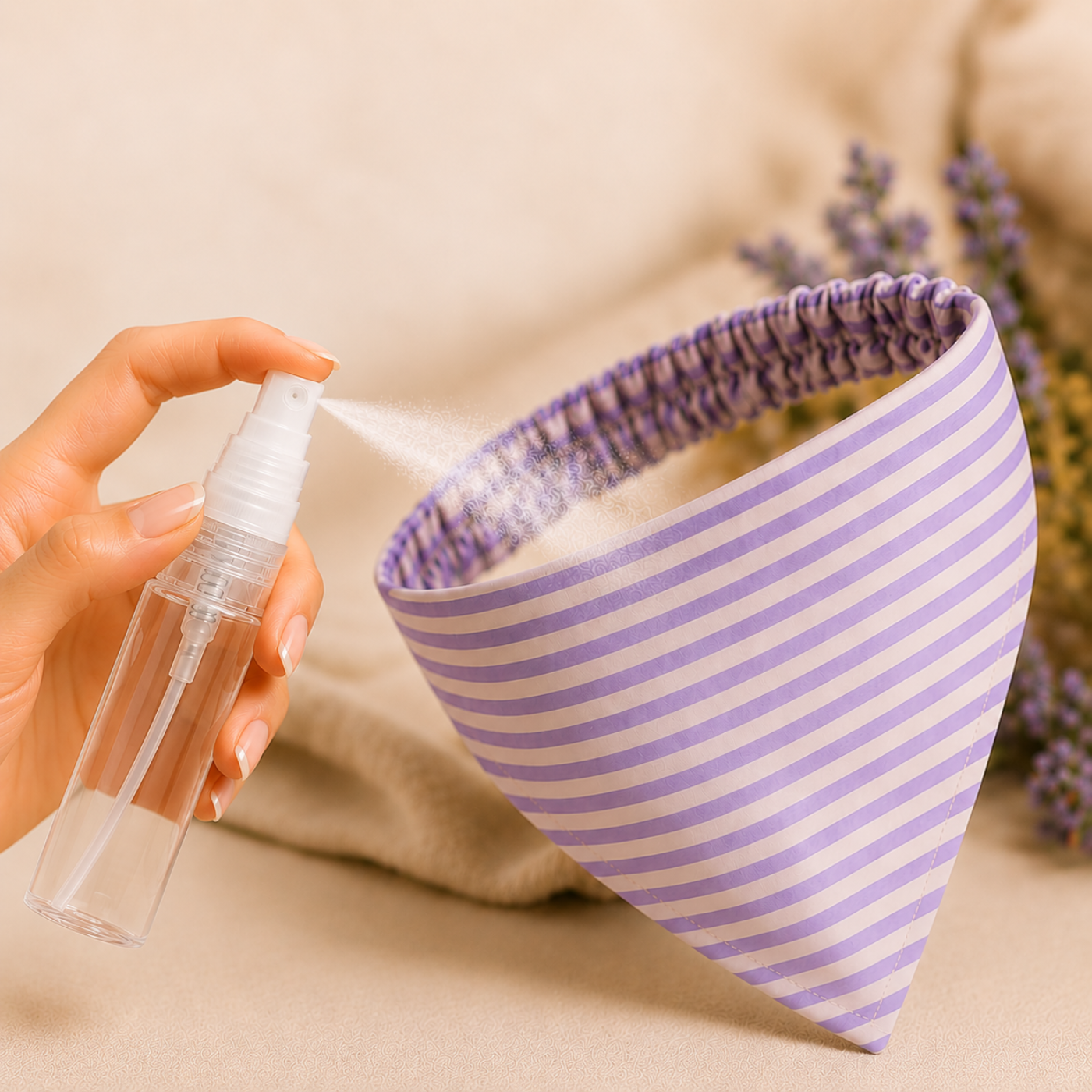 A hand sprays a fine mist from a clear bottle onto a purple and white striped bandana.