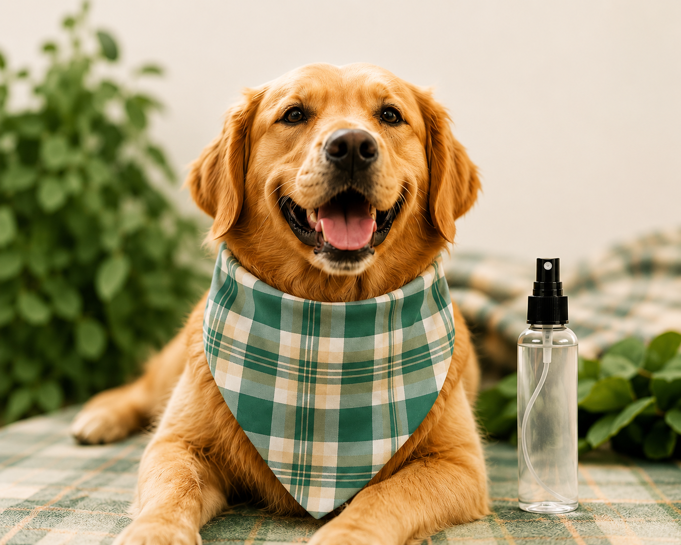 A golden retriever wearing a green plaid bandana lies on a blanket next to a spray bottle.