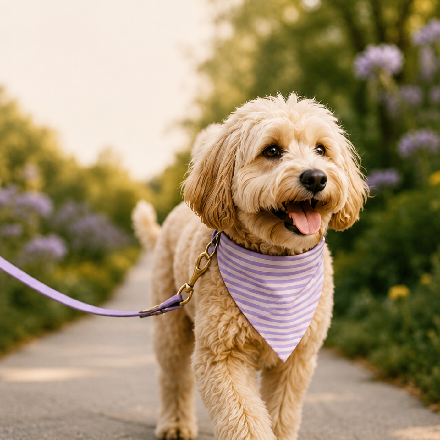 A fluffy, light-colored dog wearing a purple striped bandana and matching leash walks on a paved path.