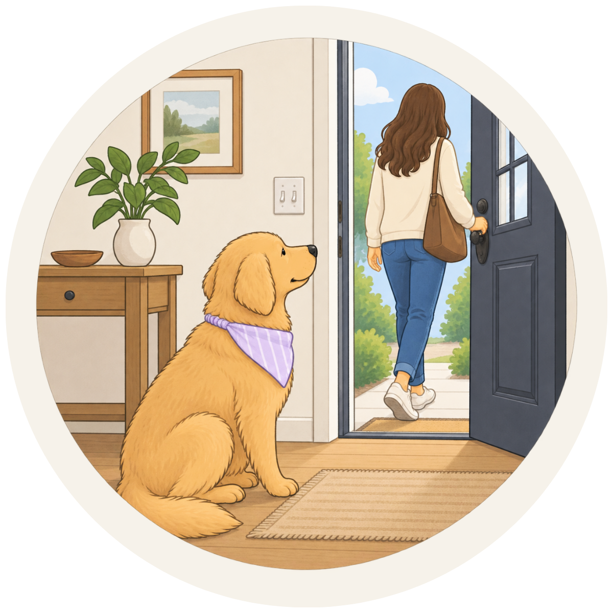 An illustration of a dog sitting by the front door, watching a woman leave the house.