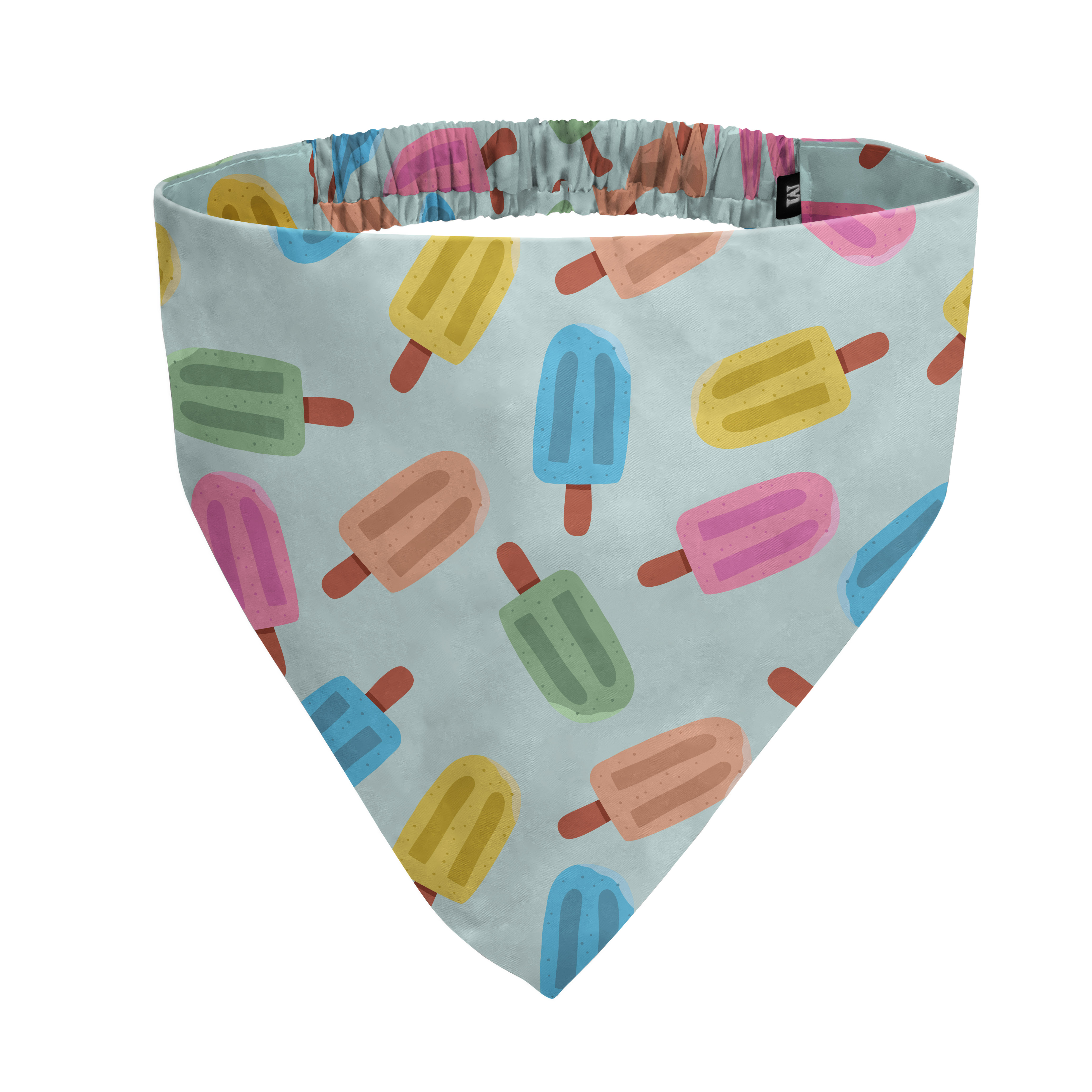 A light blue bandana with a repeating pattern of colorful popsicles on it.