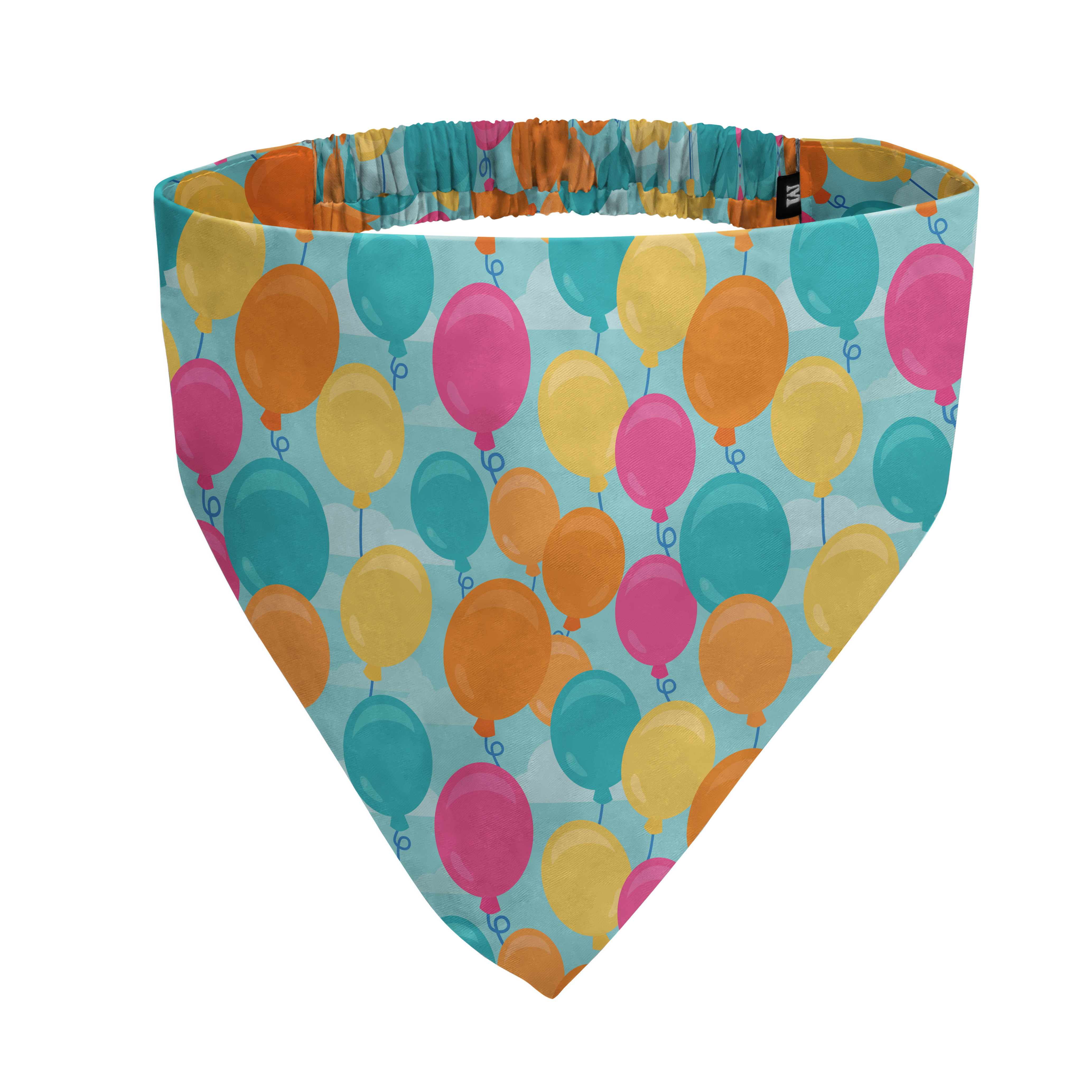 A pet bandana with a colorful balloon print and an elastic, gathered top against a white background.