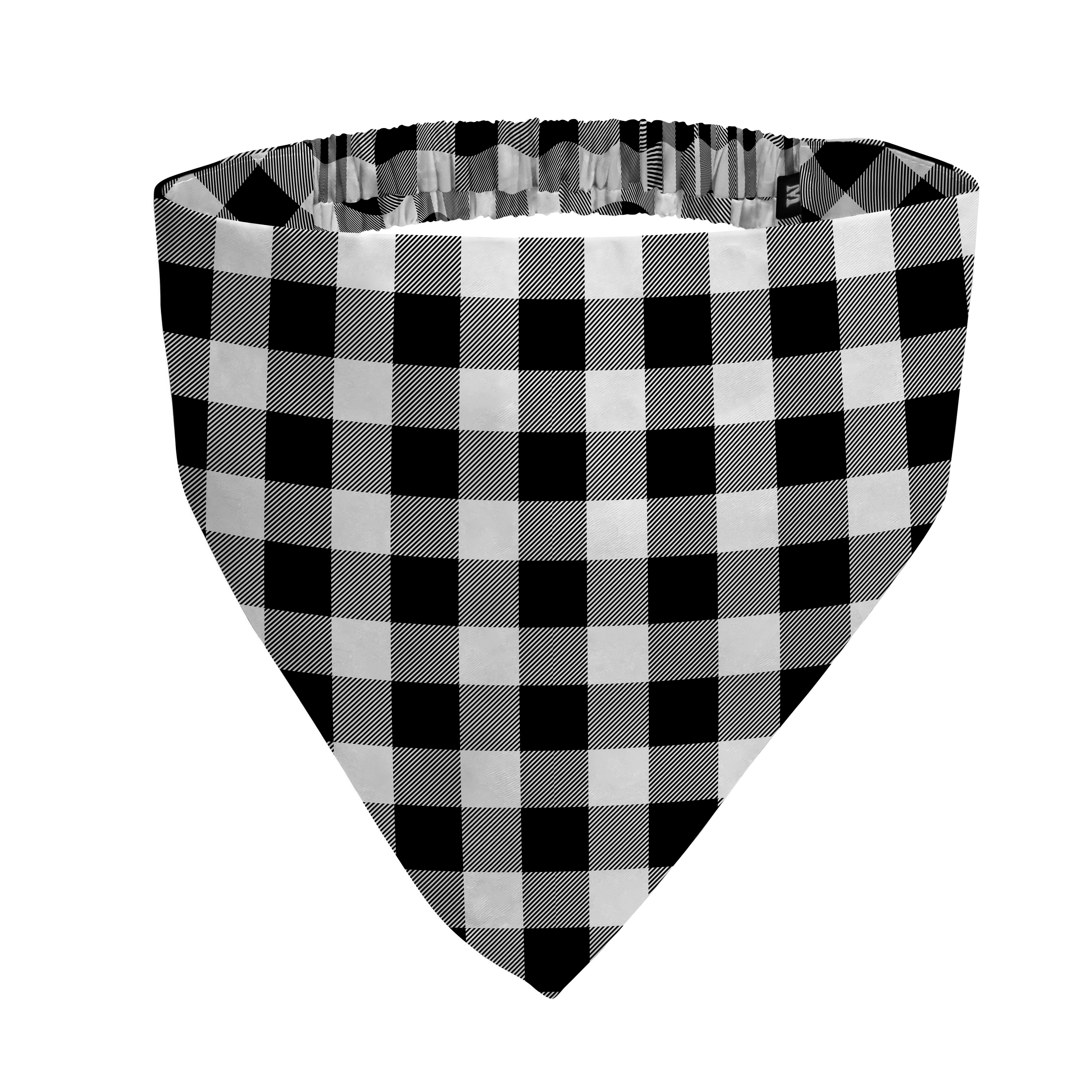 A triangular bandana in a black and white buffalo plaid pattern with a gathered elastic top.