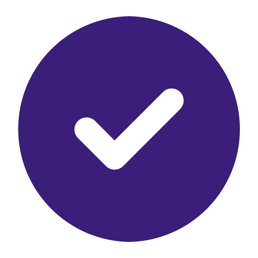 A white checkmark icon inside a dark purple circle.