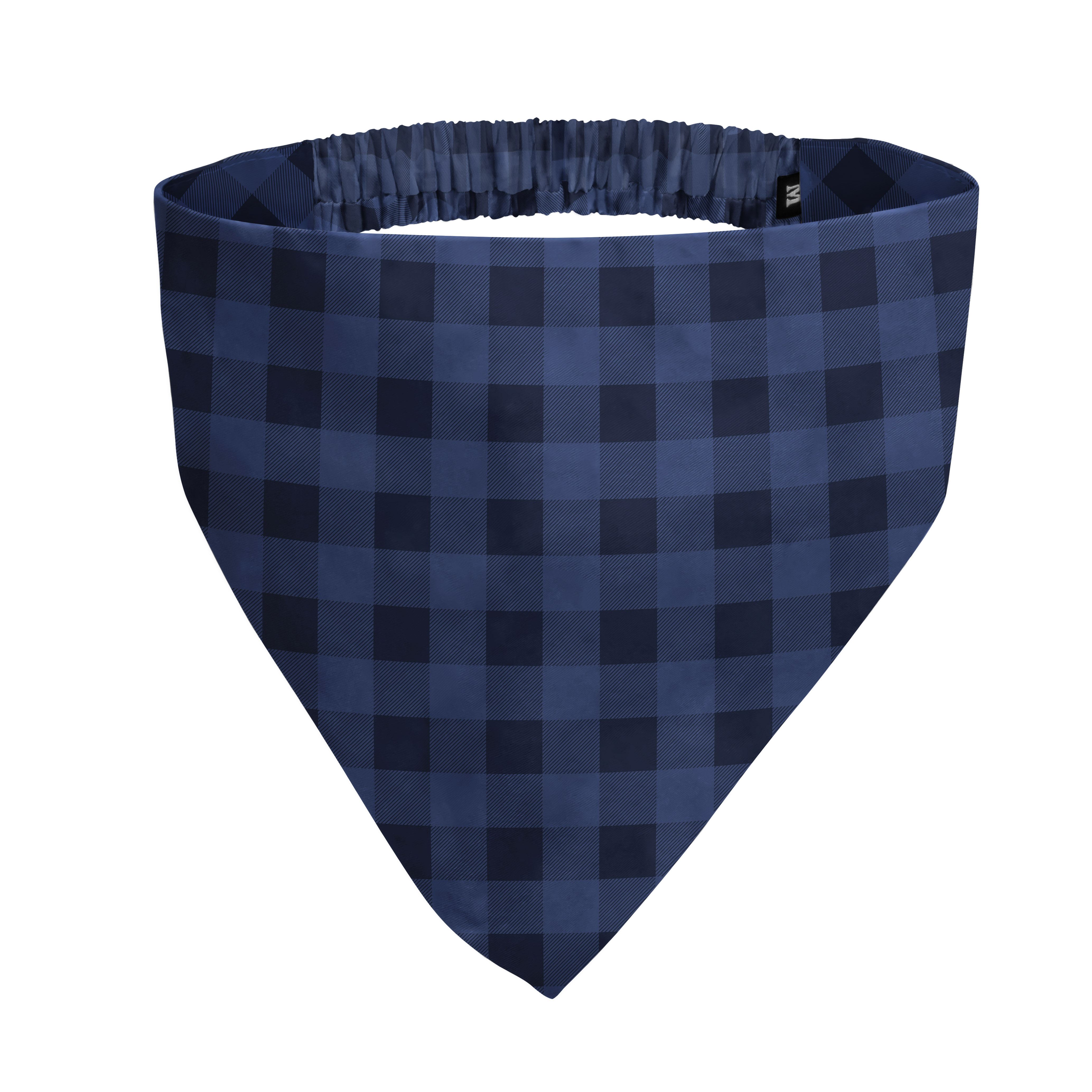 A blue and black buffalo plaid bandana with a gathered elastic band, shown on a white background.