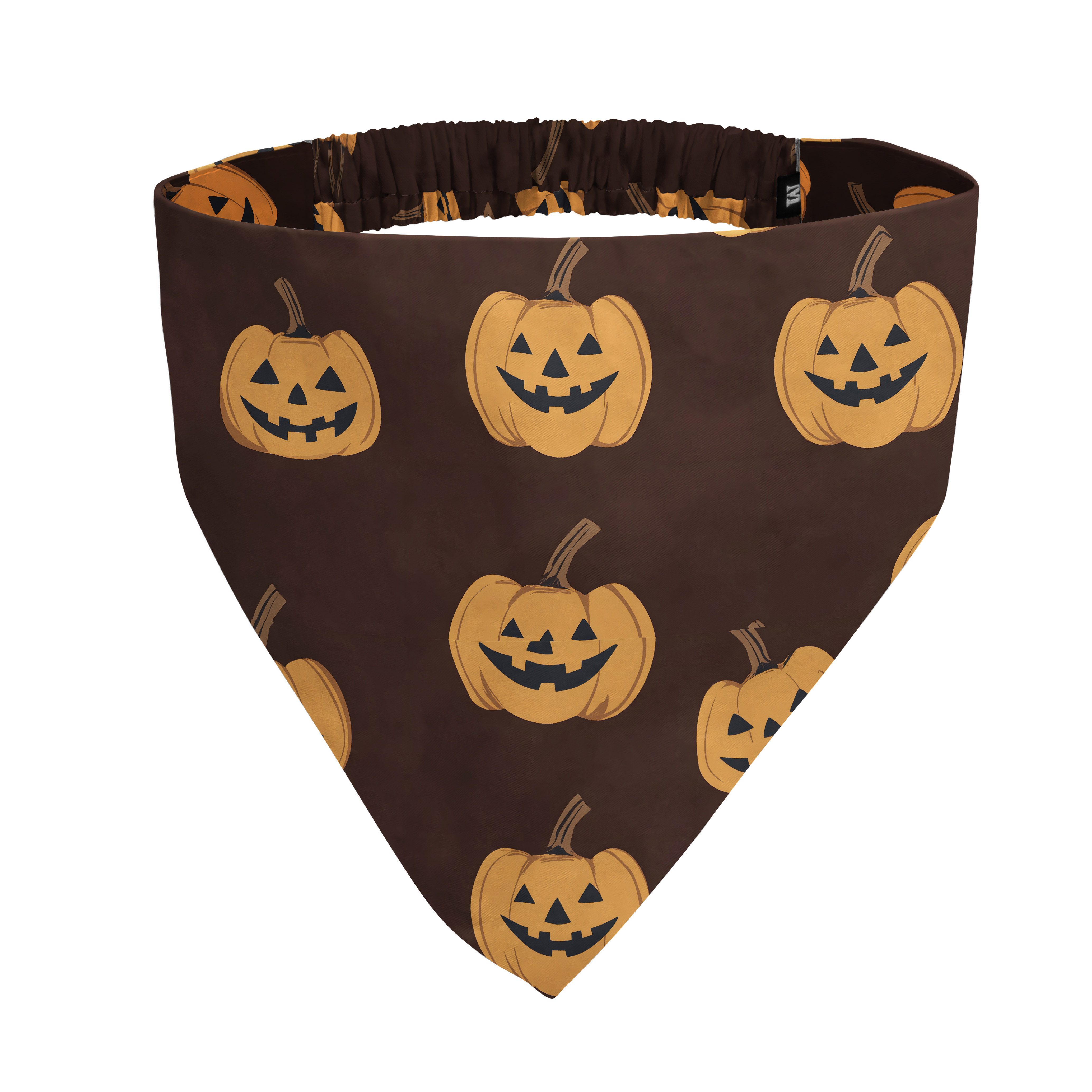 A brown triangular bandana with a repeating pattern of smiling jack-o'-lanterns on a white background.