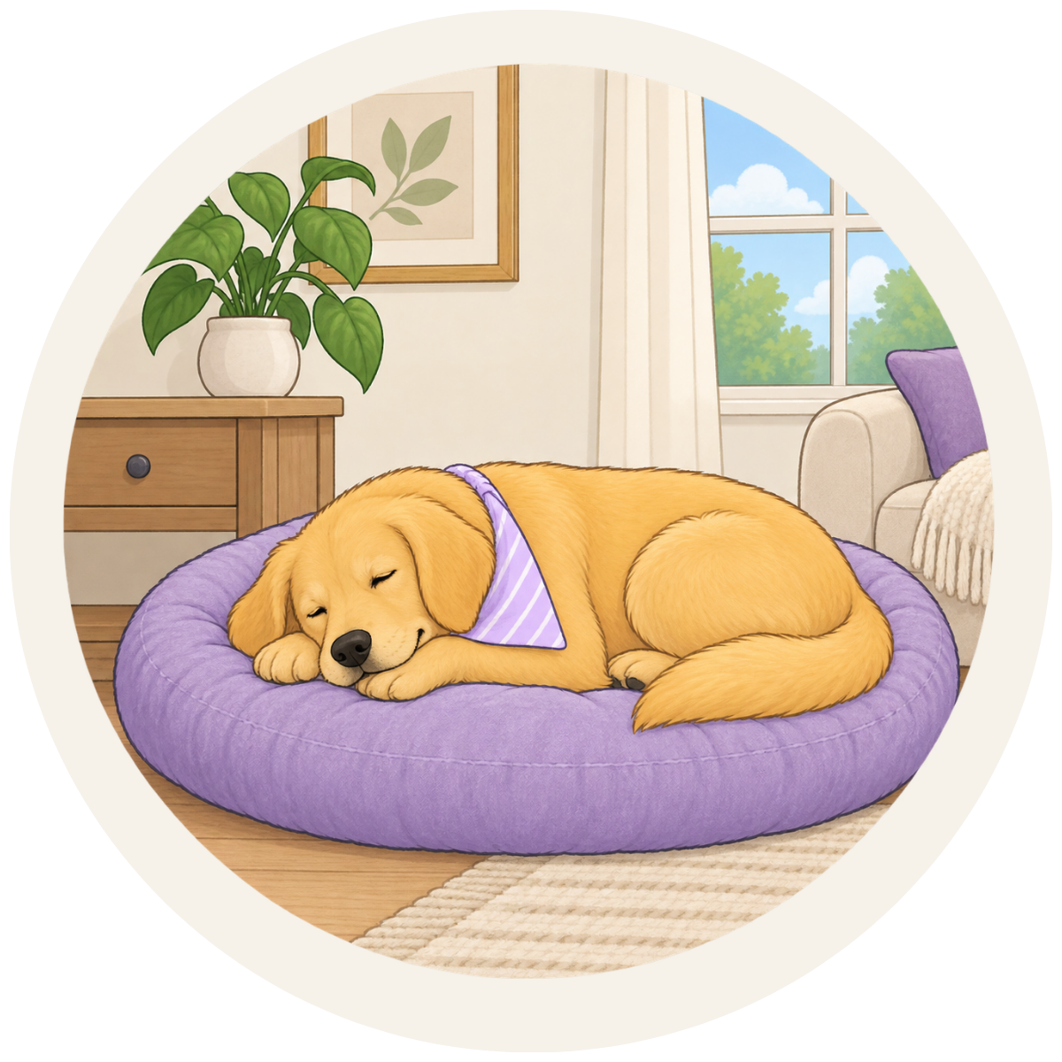 An illustration of a golden retriever sleeping peacefully on a purple dog bed in a living room.