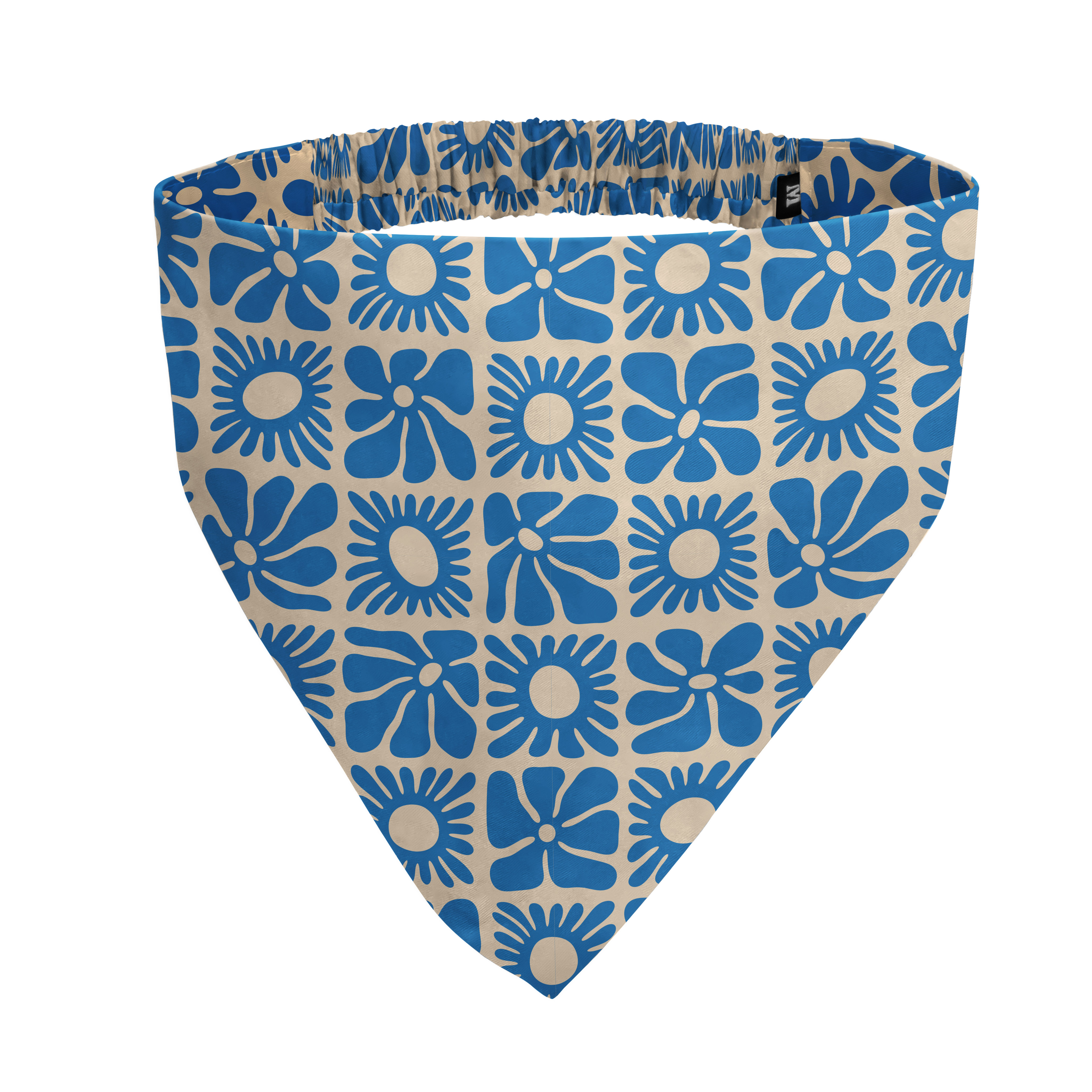 A triangular bandana with a blue and beige stylized floral pattern against a white background.