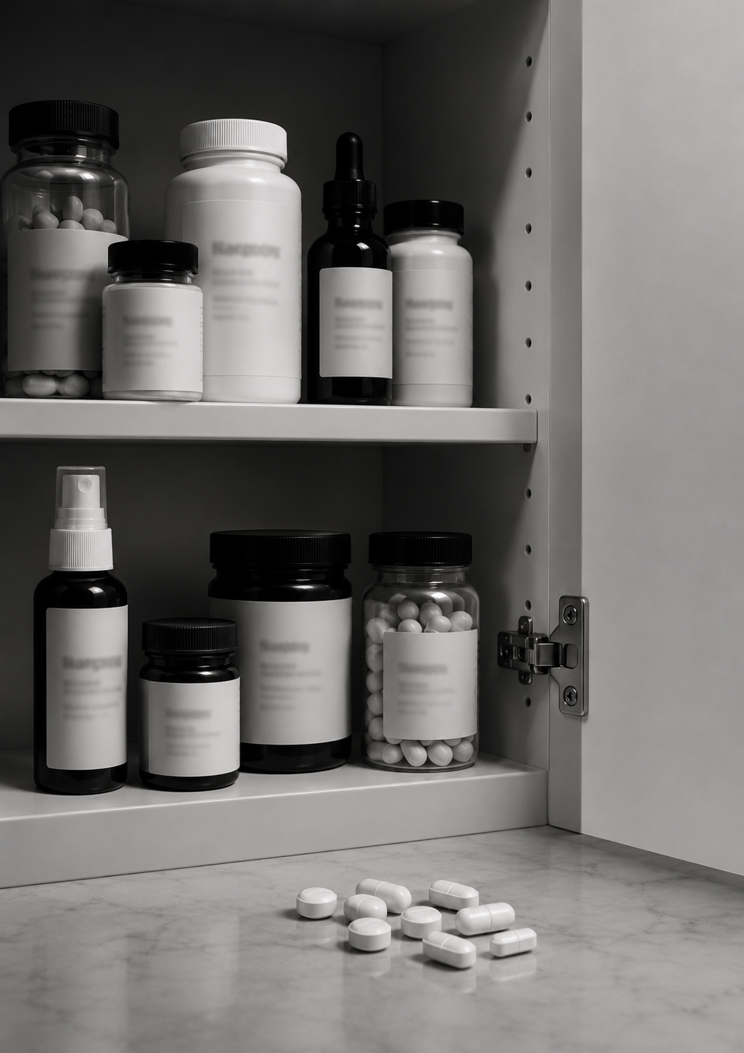 A black and white photo of an open medicine cabinet with pill bottles on the shelves.