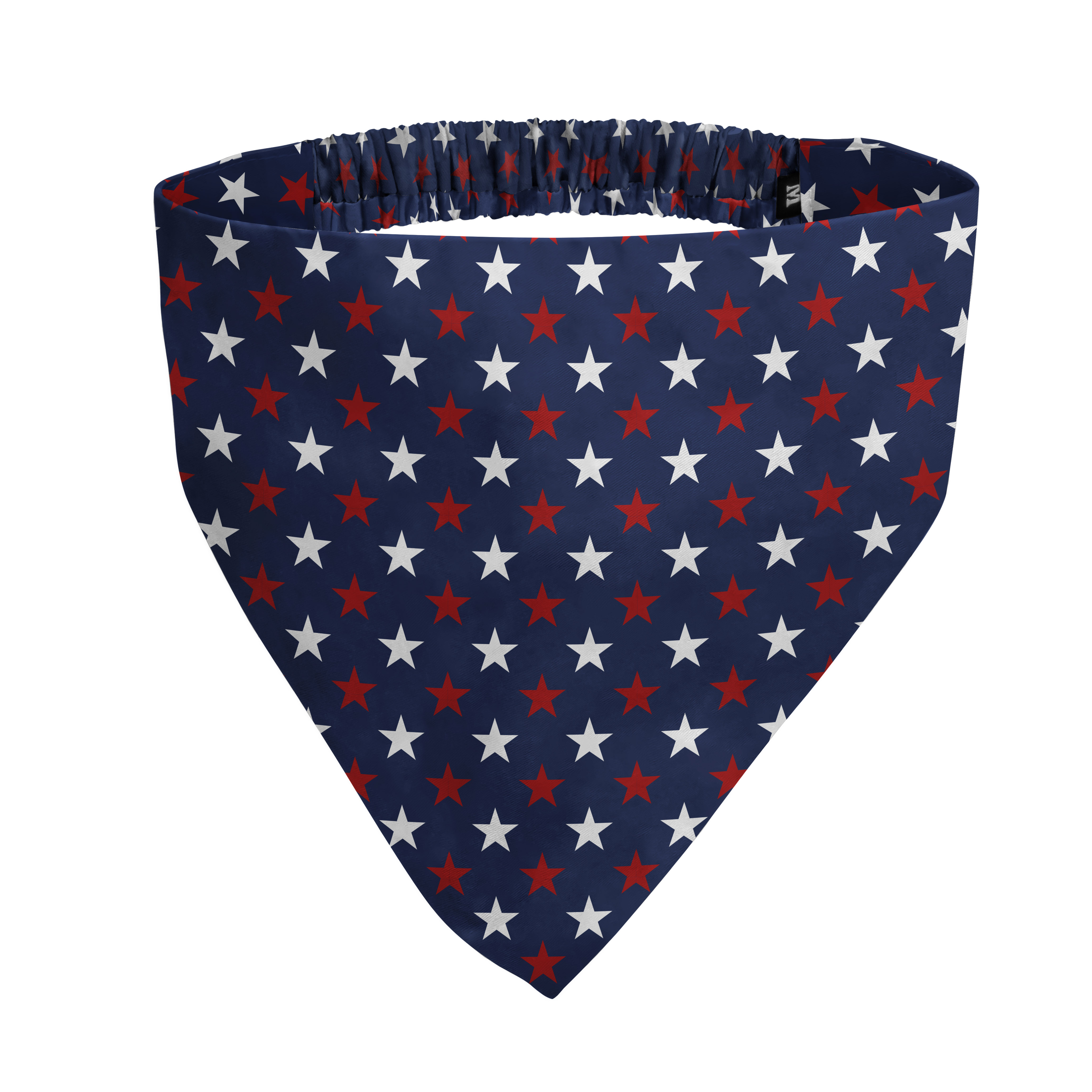 A blue bandana with a pattern of red and white stars and a scrunched elastic top.