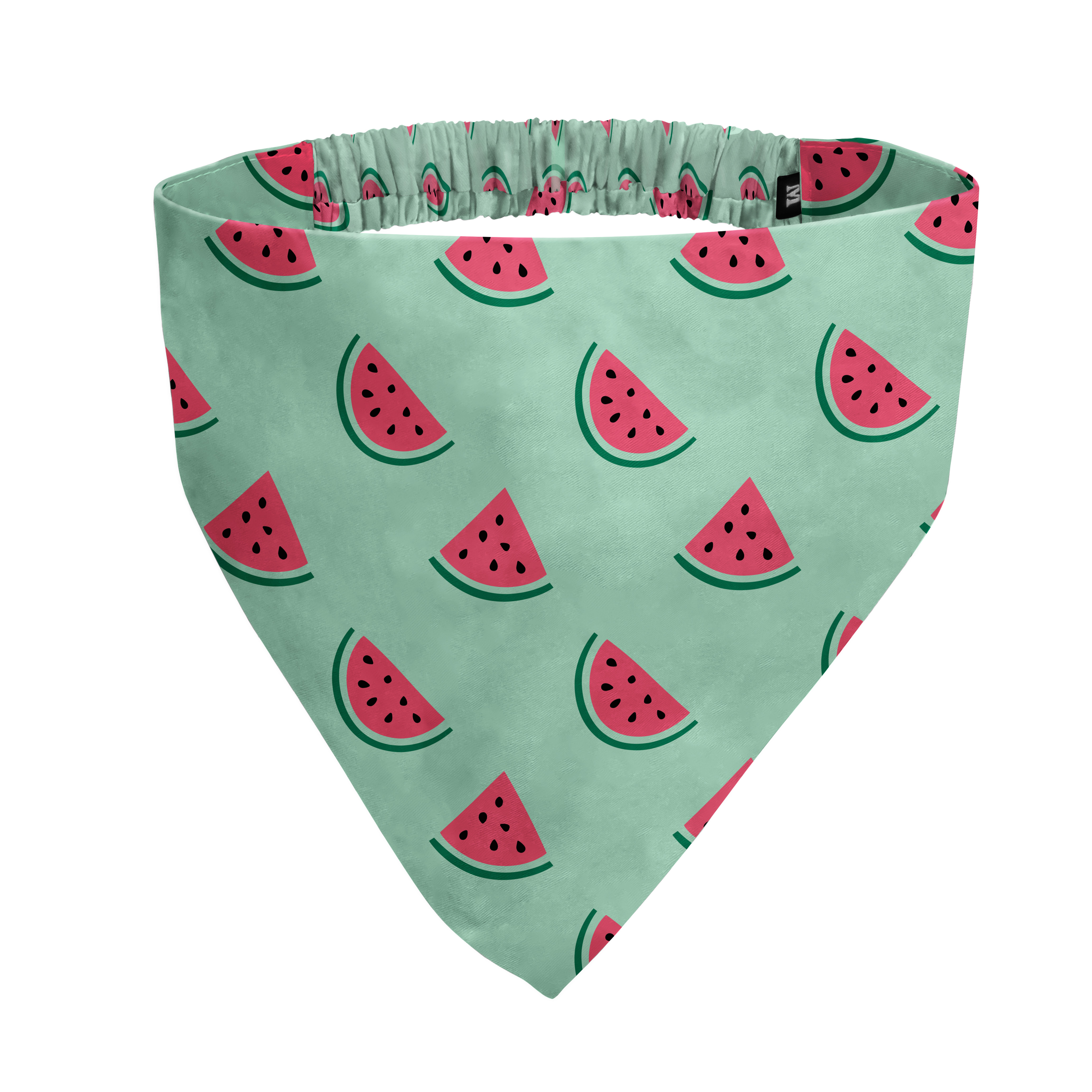 A light green triangular bandana with a repeating pattern of cartoon watermelon slices.