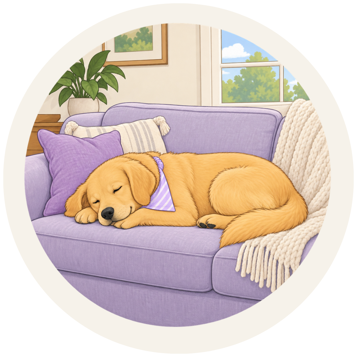 An illustration of a golden retriever puppy with a bandana sleeping on a purple couch.