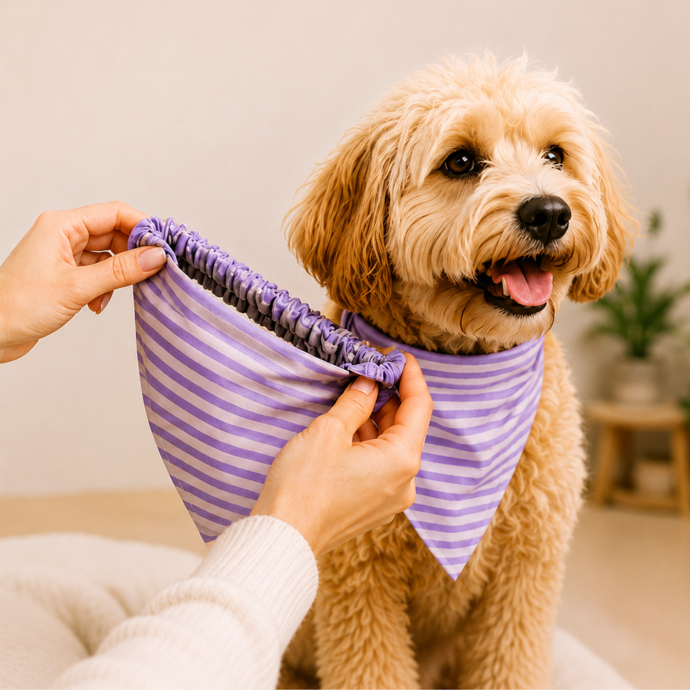 A person puts a purple and white striped bandana on a fluffy, light-brown dog.