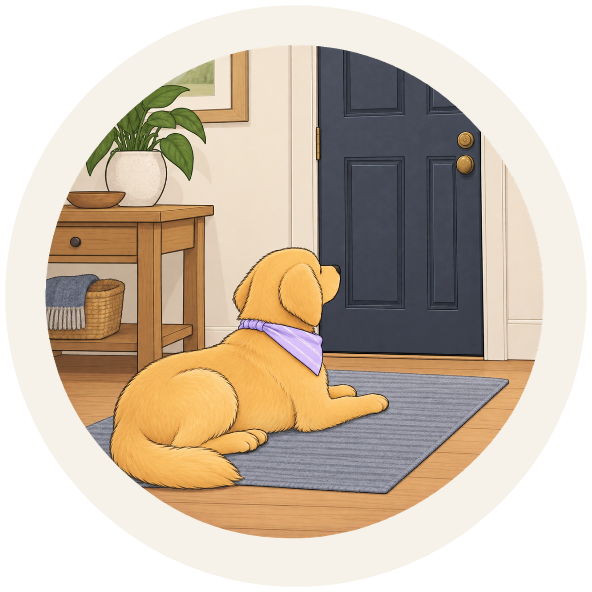 An illustration of a golden retriever wearing a bandana, lying on a doormat and looking at a closed door.