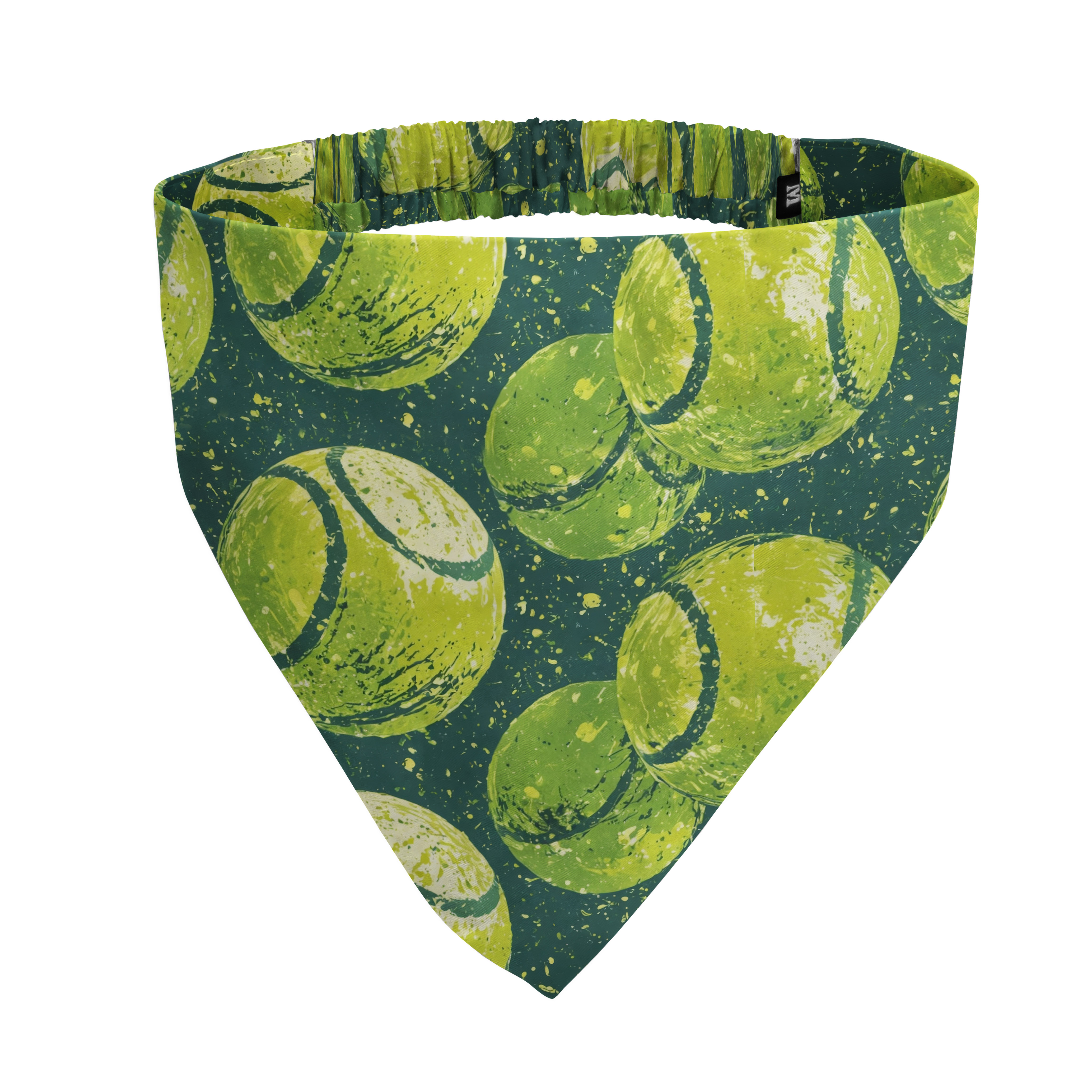 A triangular bandana with a green and yellow tennis ball print on a white background.