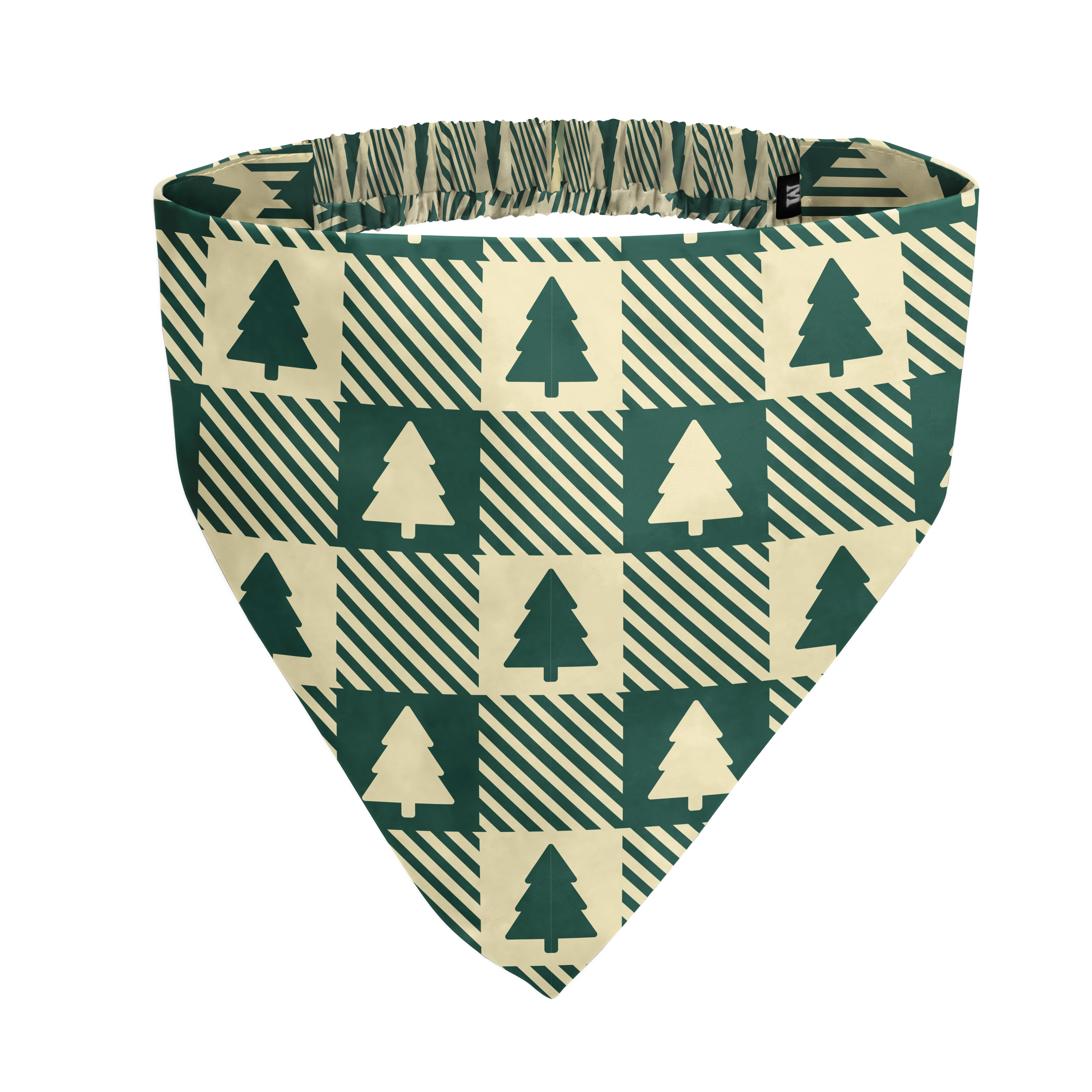 A pet bandana with a green and cream checkered pattern featuring pine trees and diagonal stripes.