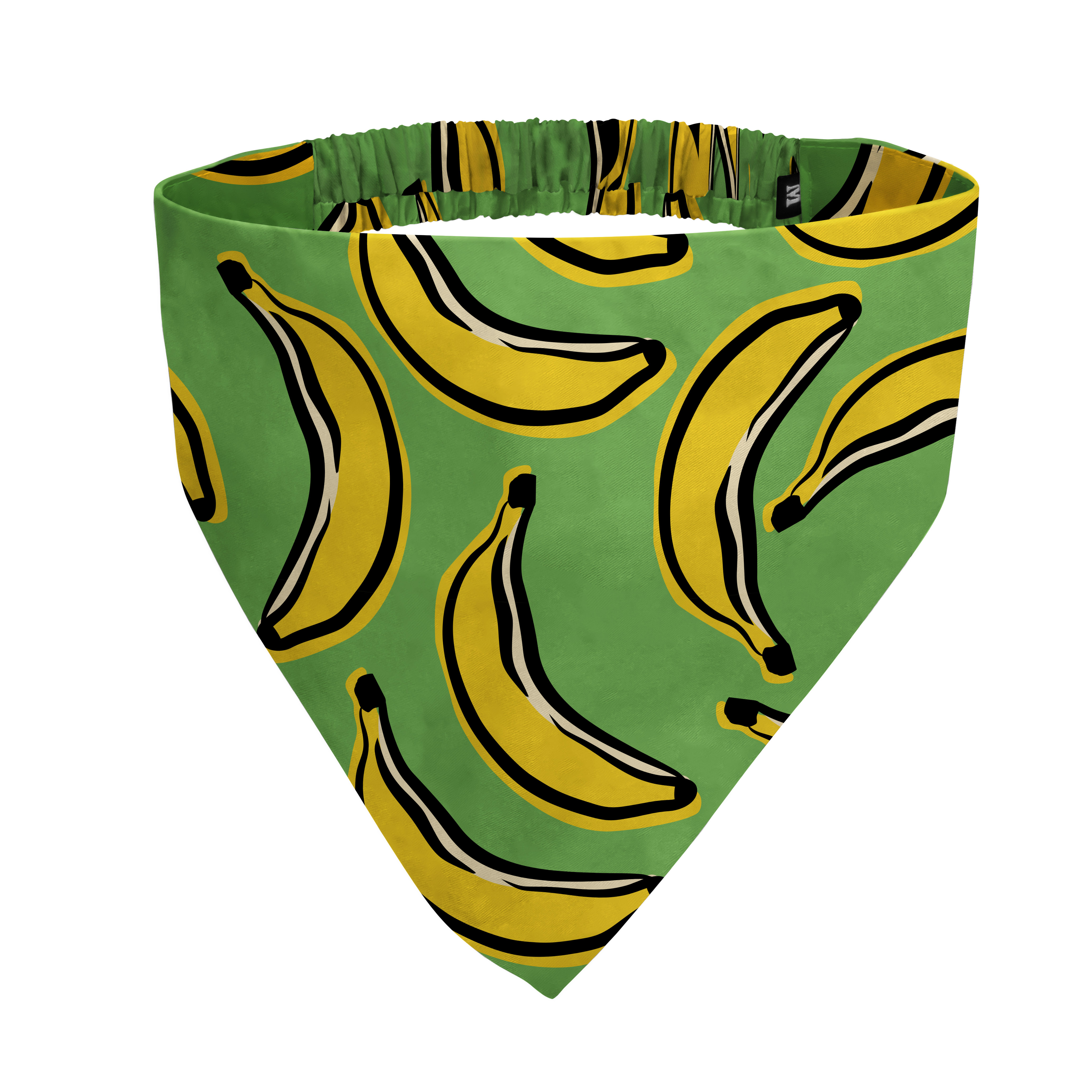 A green triangular bandana with a repeating pattern of yellow bananas, on a white background.