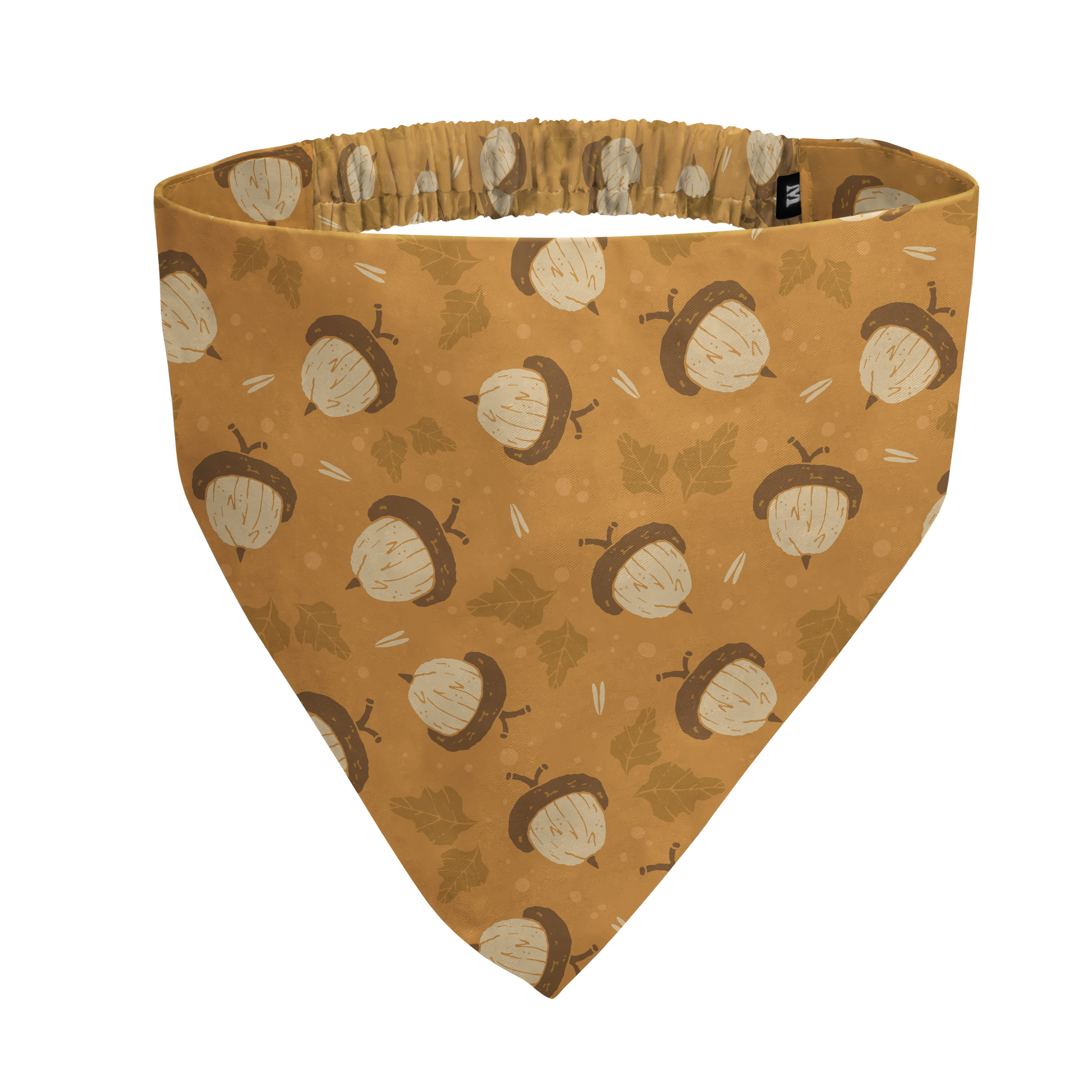 A gold-colored triangular bandana with an acorn and oak leaf pattern, shown on a white background.