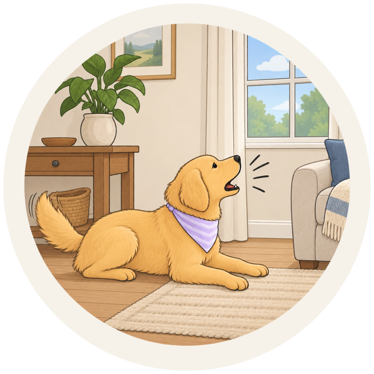 An illustration of a golden retriever with a bandana barking and wagging its tail in a living room.