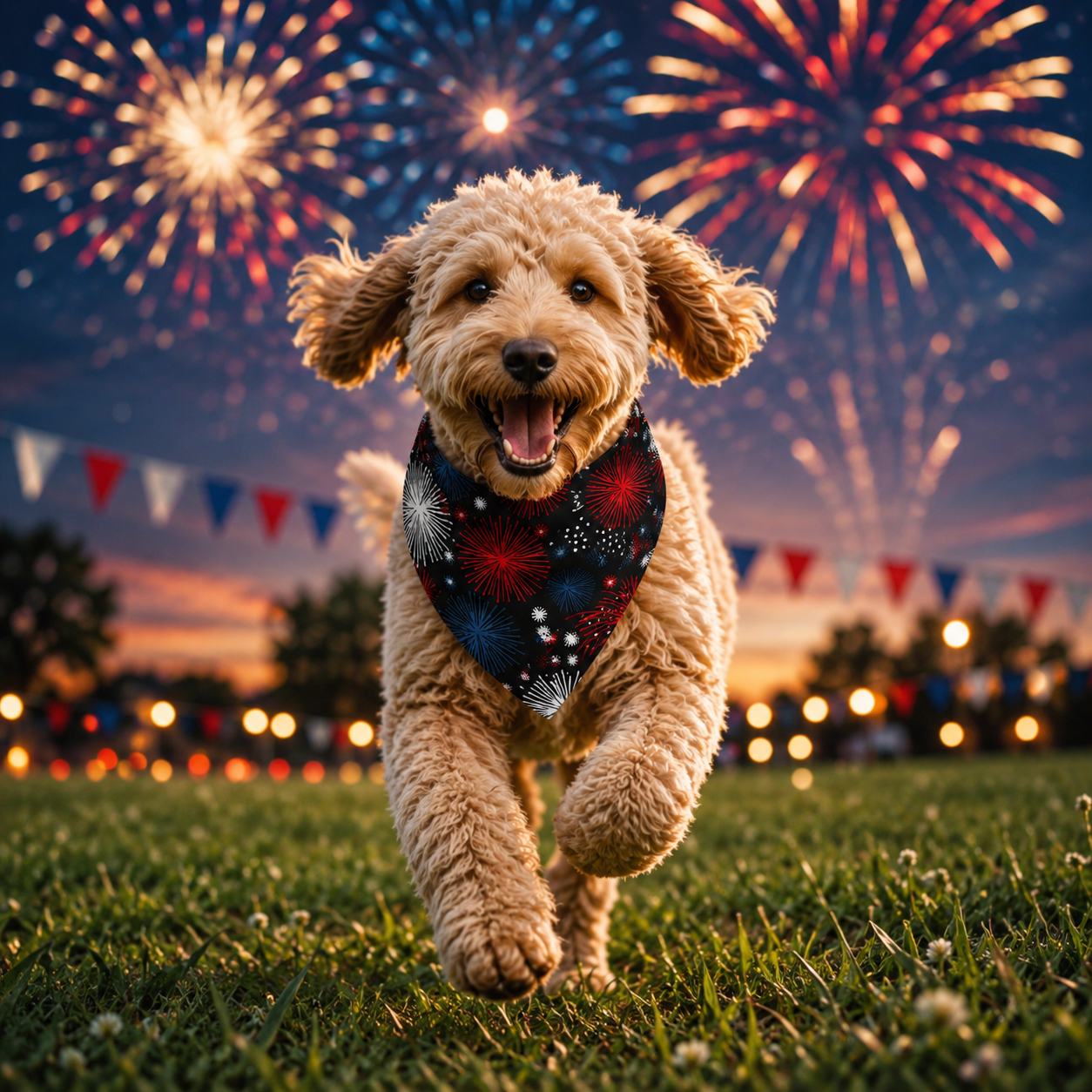 A happy, fluffy dog wearing a fireworks-themed bandana runs through a grassy field with fireworks in the background.