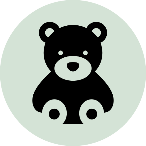 A black icon of a teddy bear sitting inside a light green circle.