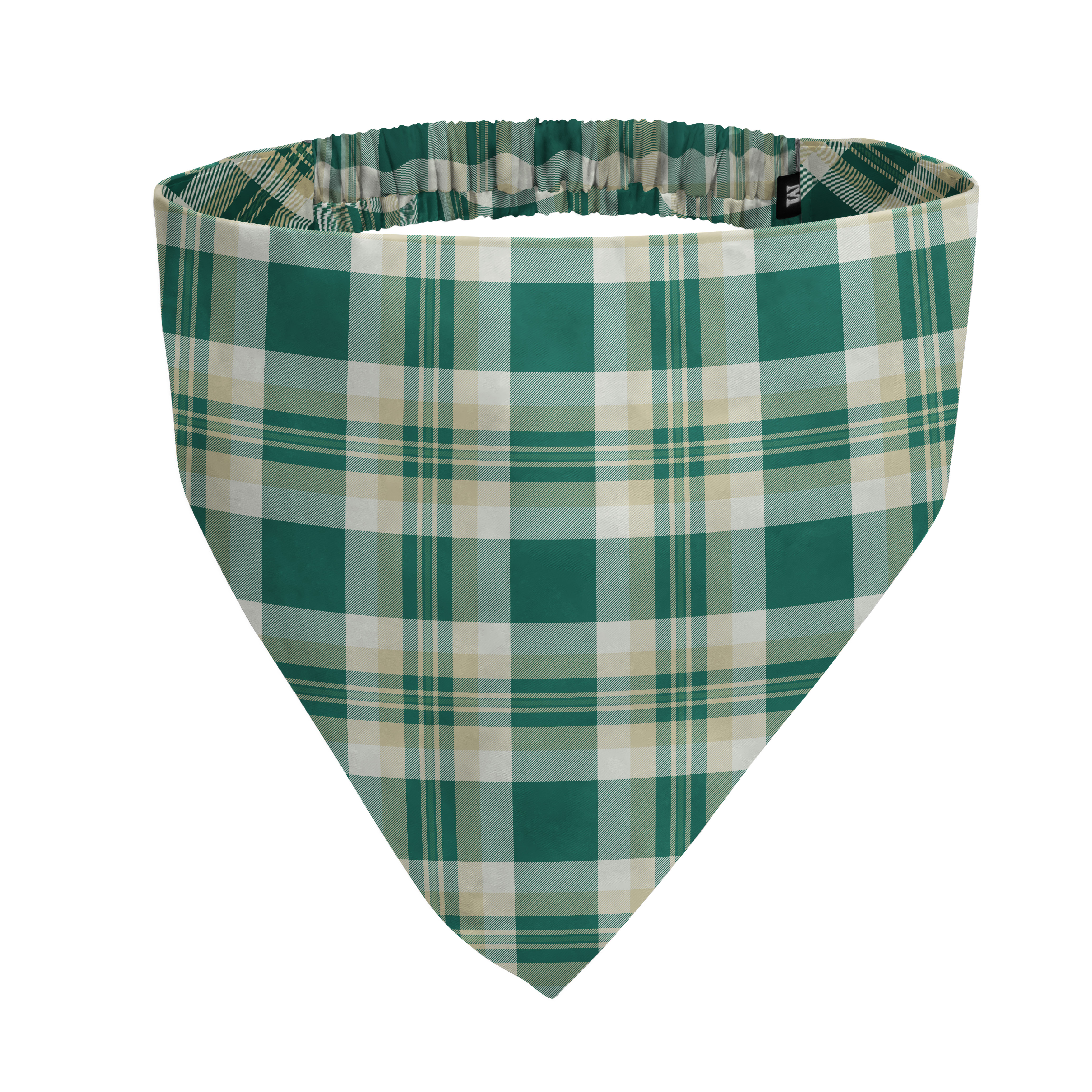 A triangular bandana in a green and cream plaid pattern with a gathered elastic band.
