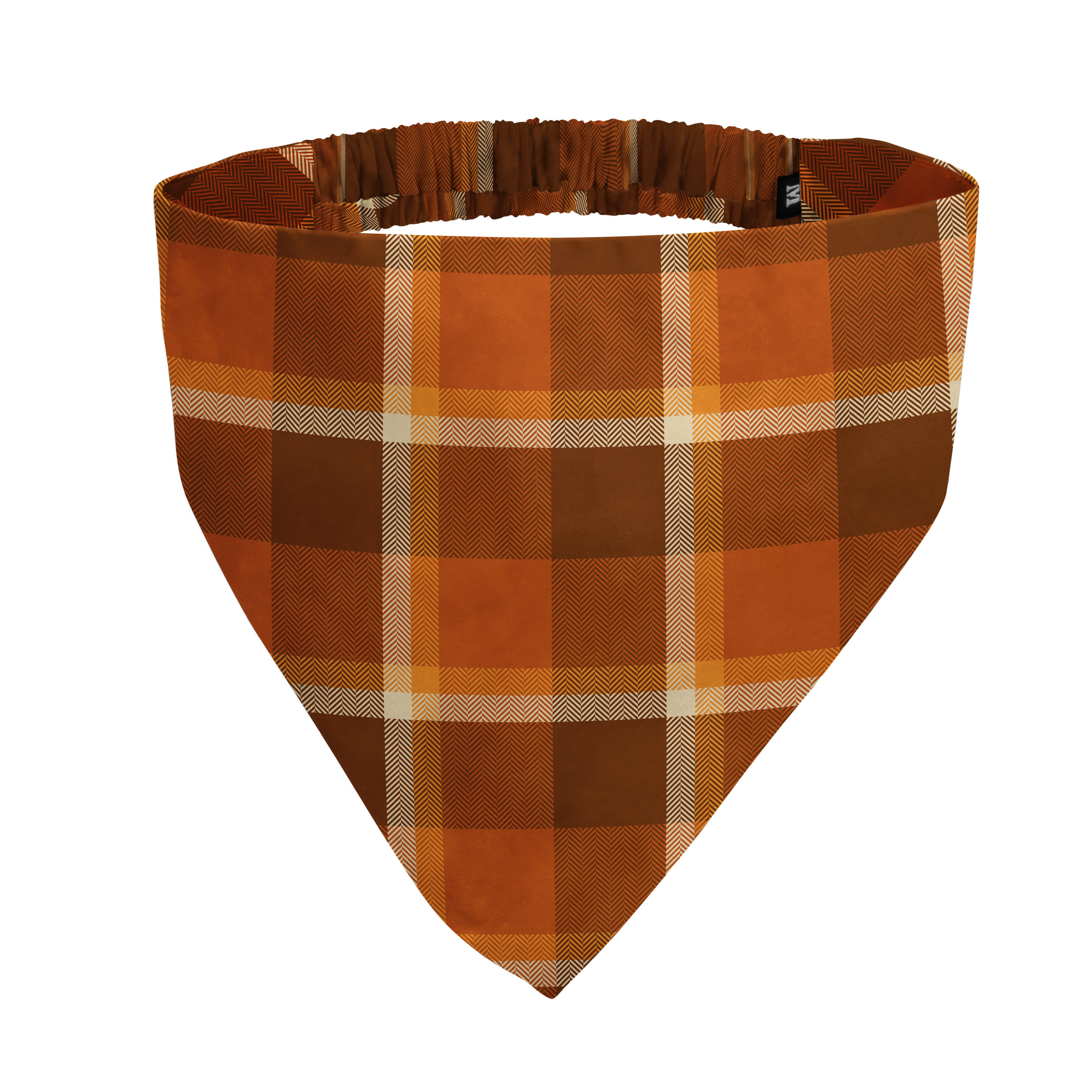 An orange and brown plaid bandana with a herringbone pattern and an elastic band.