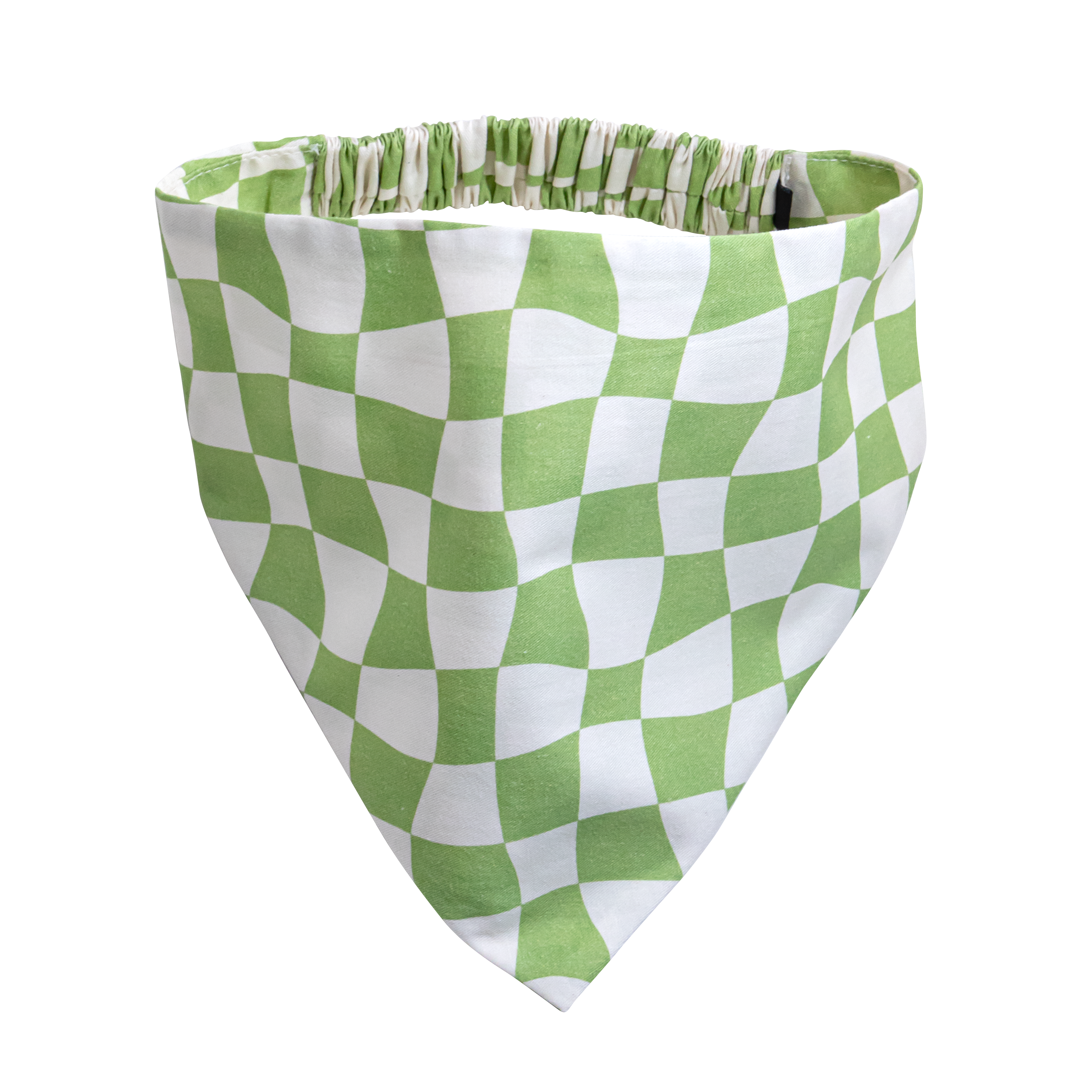 A triangular bandana with a wavy green and white checkerboard pattern and a gathered elastic top.