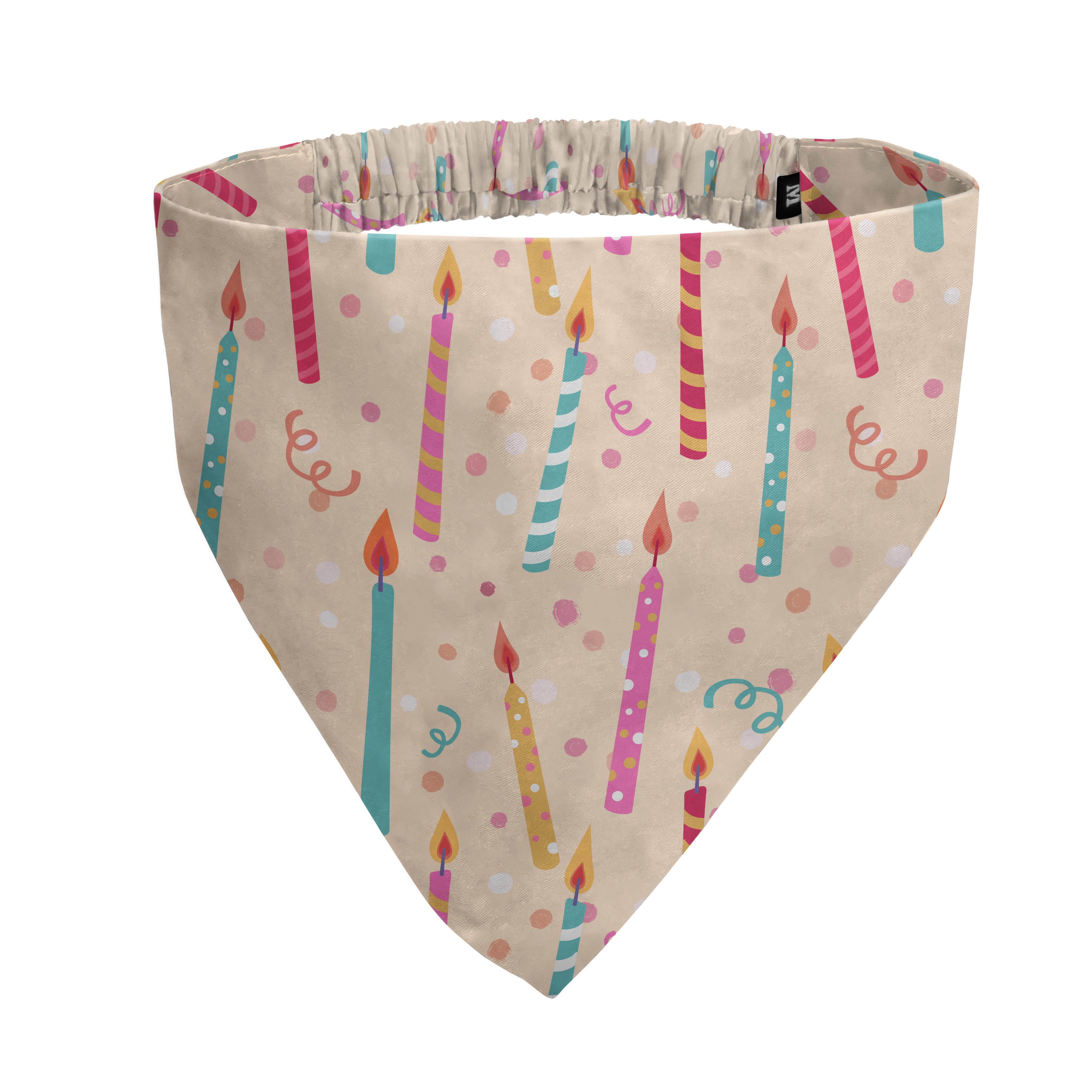 A beige bandana with a colorful birthday candle, confetti, and ribbon print on a white background.