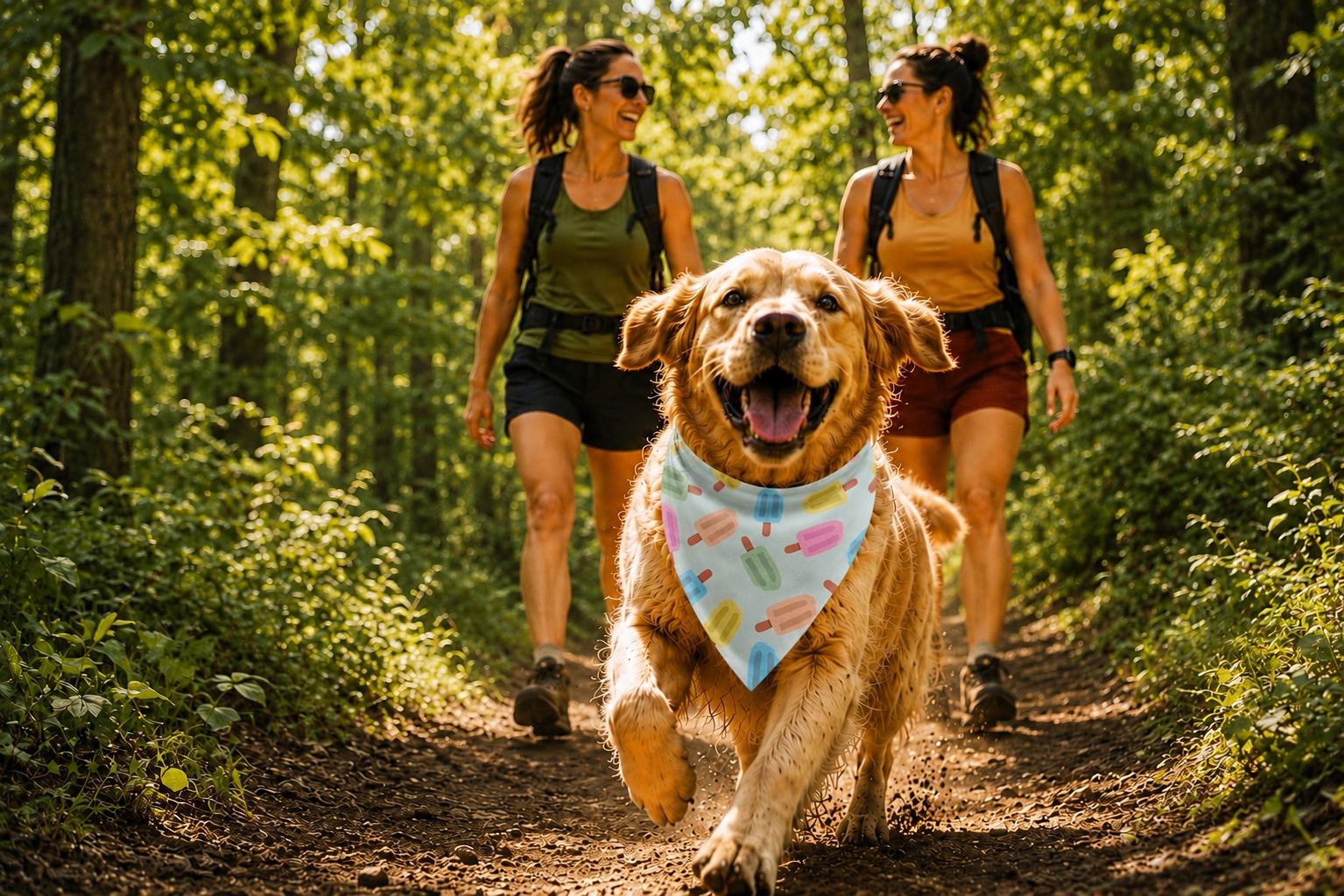 A happy golden retriever runs on a dirt path in the woods, followed by two women.