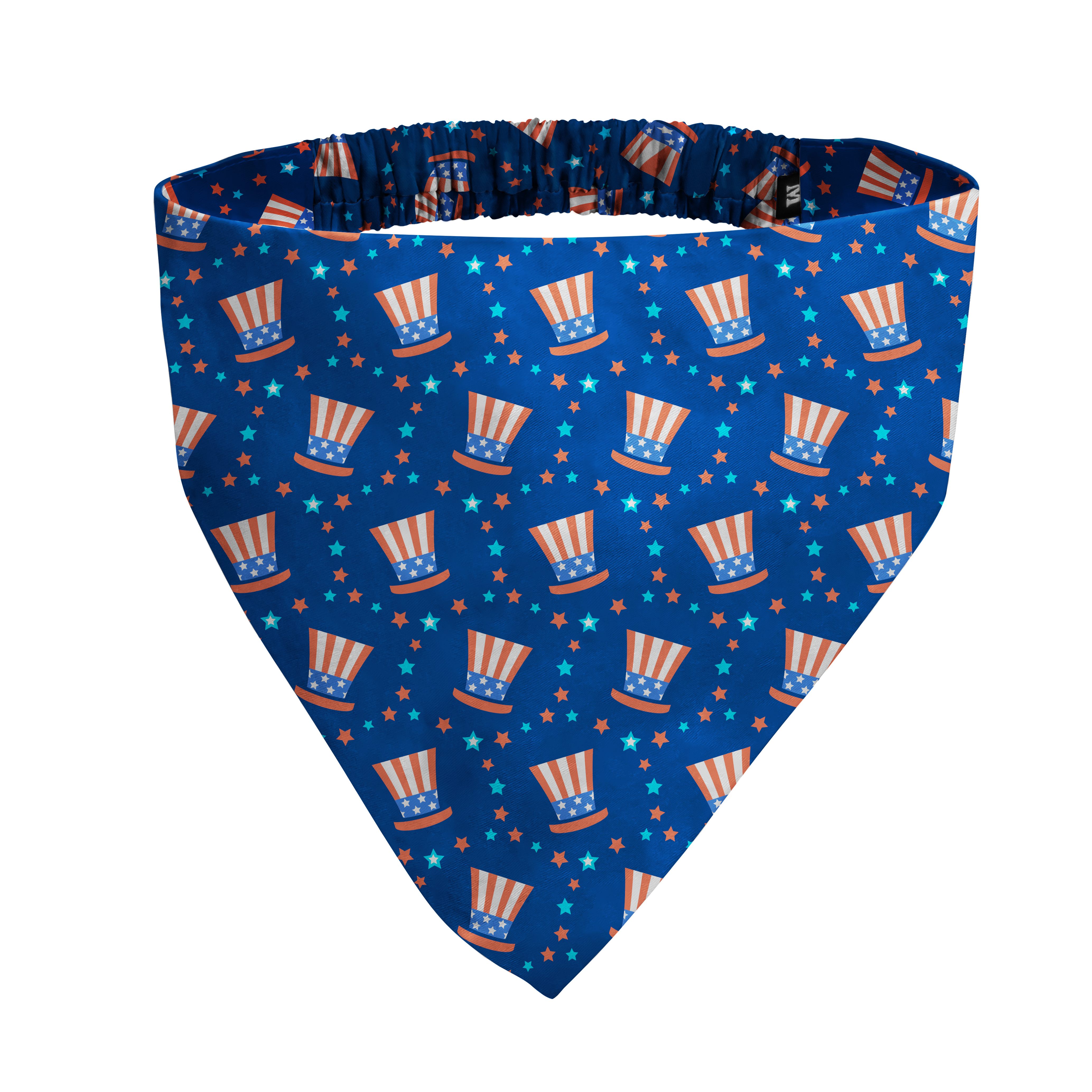 A blue bandana with a repeating pattern of patriotic Uncle Sam hats and colorful stars.