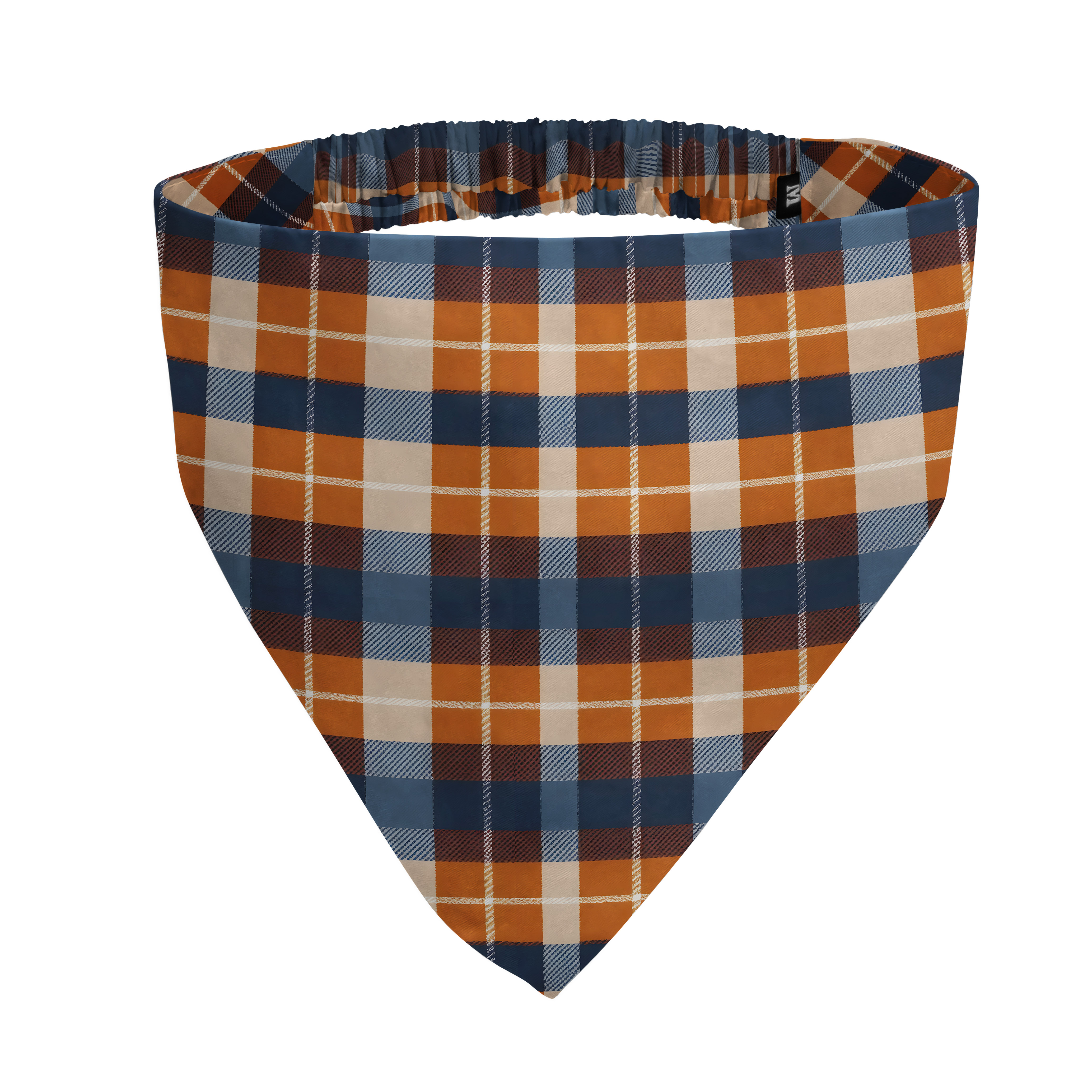 A triangular plaid bandana in shades of orange, blue, and cream with an elasticated top.