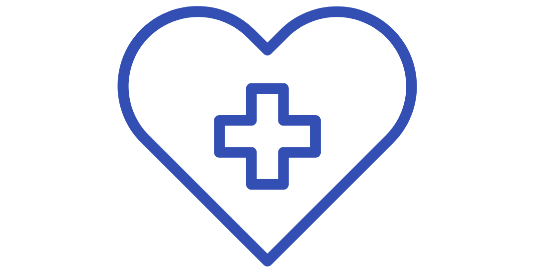 Blue heart outline with a medical cross inside.