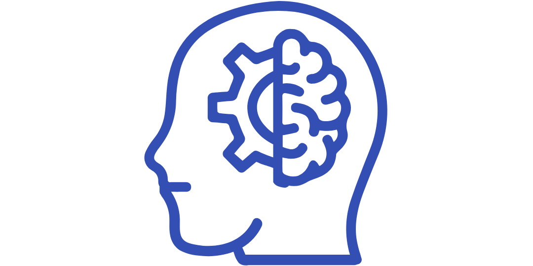 Outline of a head with a brain and gear inside.