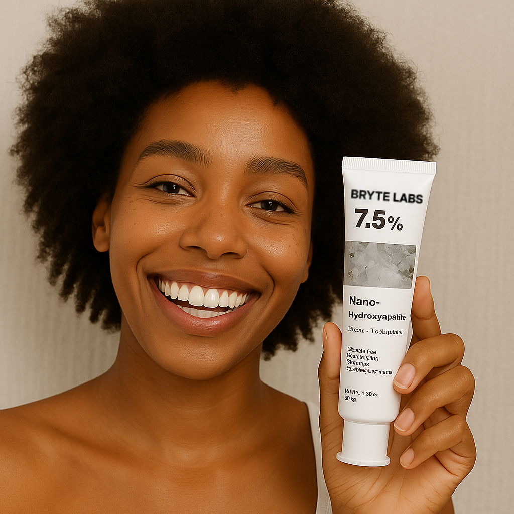 Person smiling and holding a tube of Geelike 7.5% Nano-Hydroxyapatite.