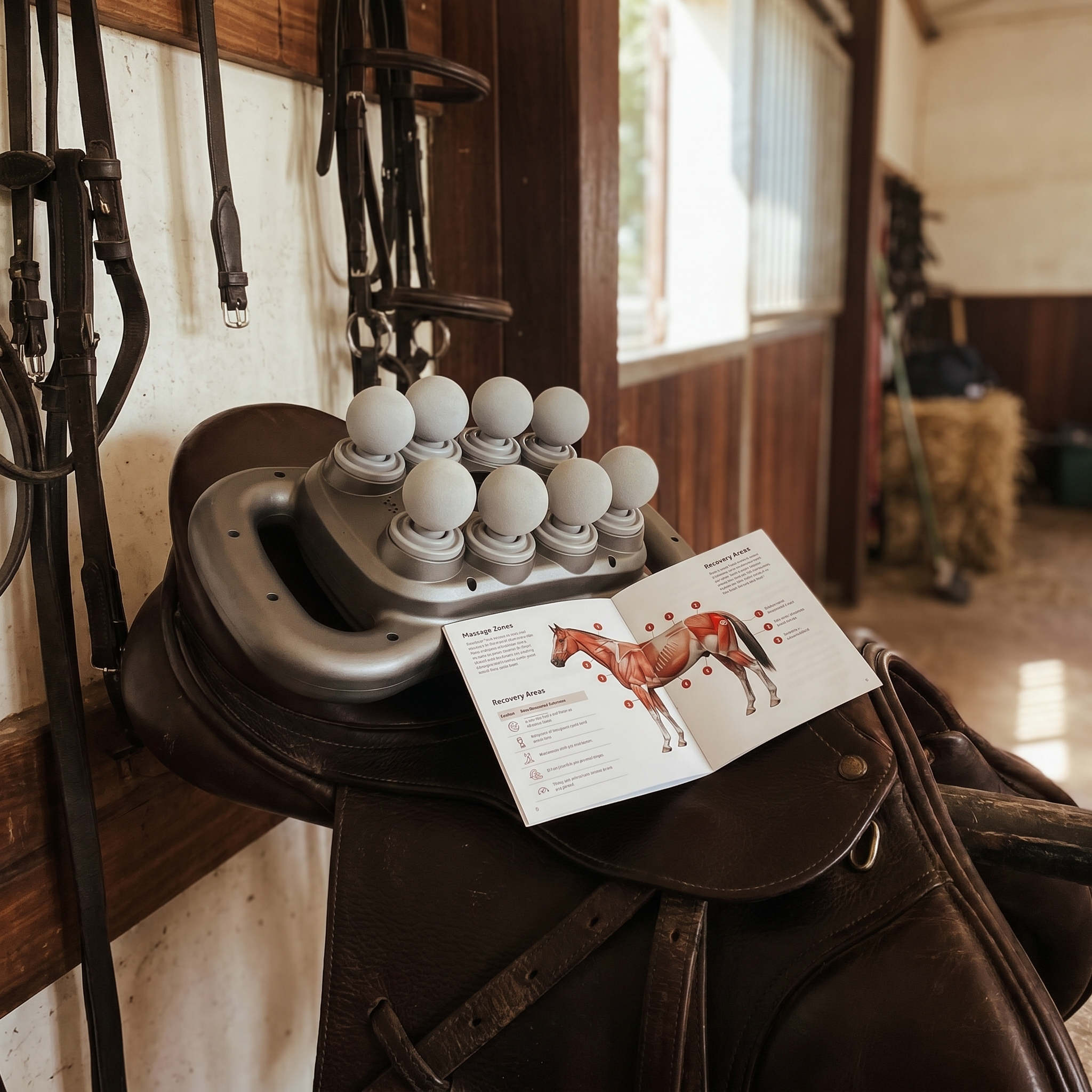 An equine massage device and informational booklet resting on a leather saddle in a stable.