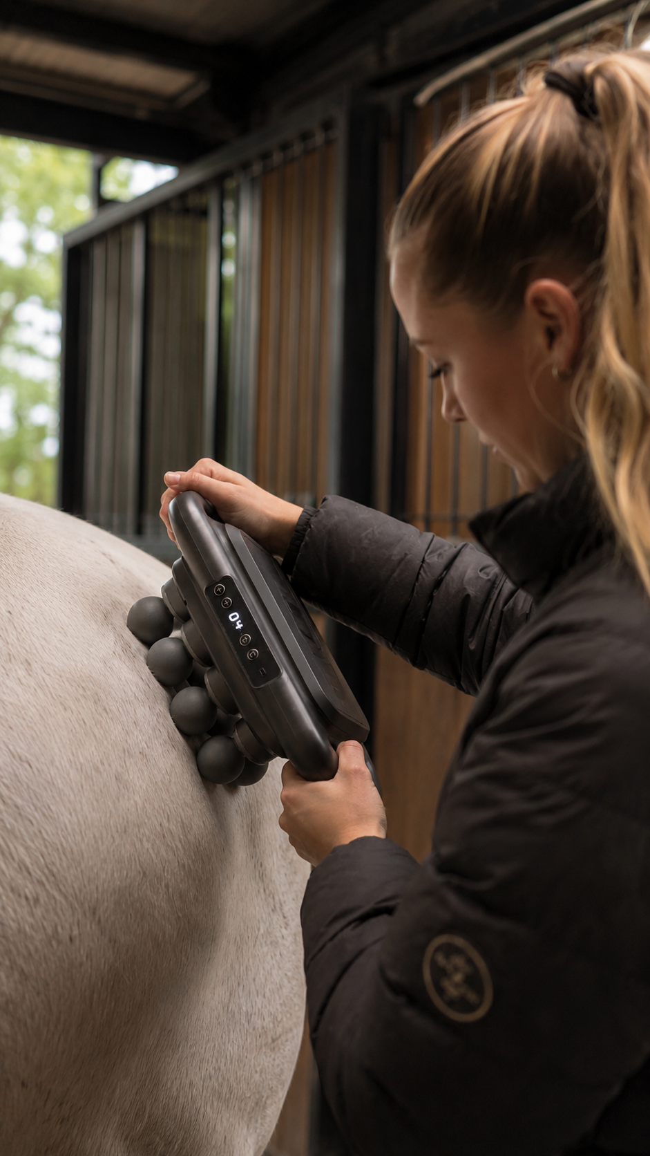 A woman uses a large electric massage device on the back of a white horse in a stable.